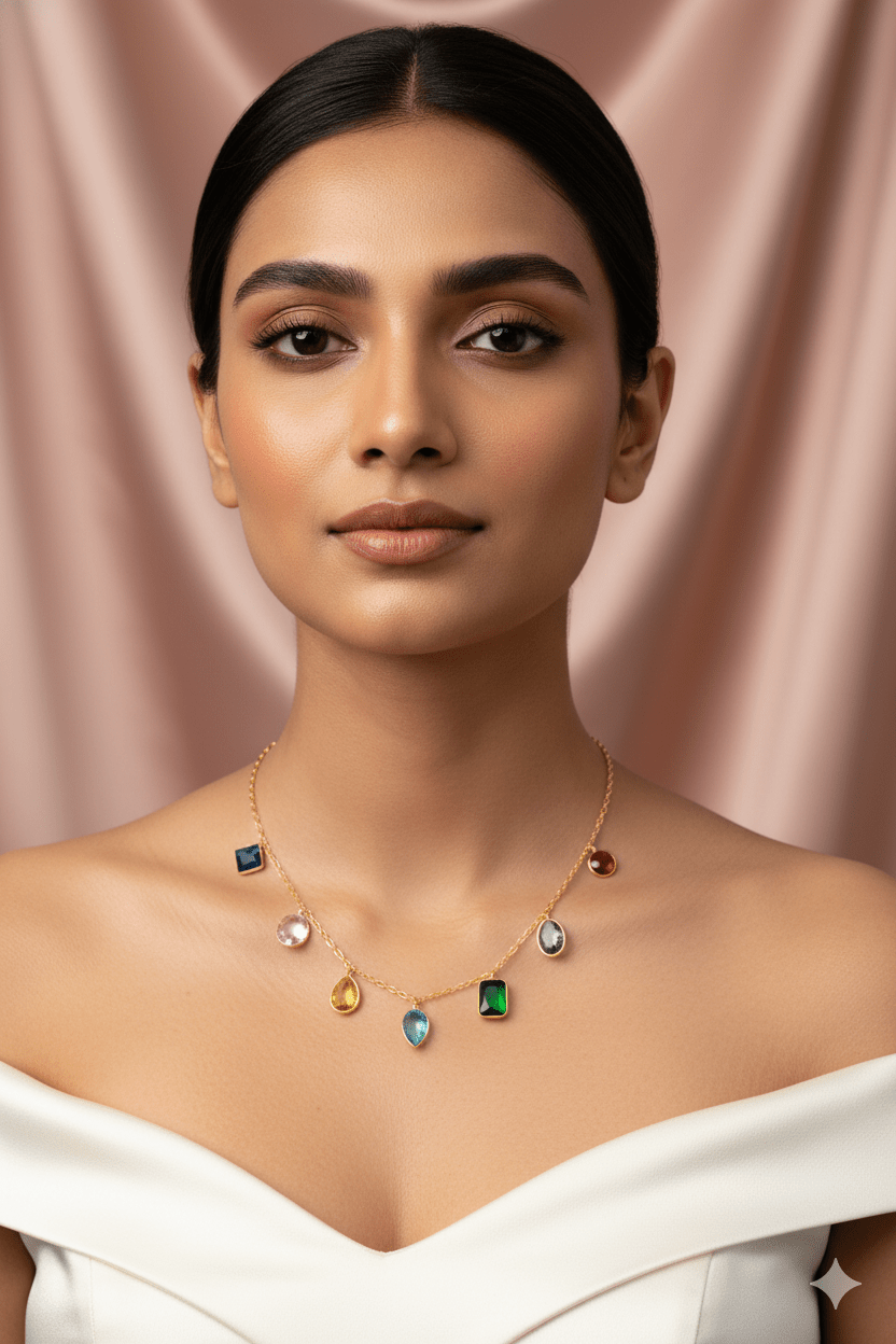 Multicolor Natural Stone Station Chain Pendant Necklace | Gold‑Plated Brass, Anti‑Tarnish - Maxiblink