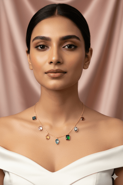 Multicolor Natural Stone Station Chain Pendant Necklace | Gold‑Plated Brass, Anti‑Tarnish - Maxiblink