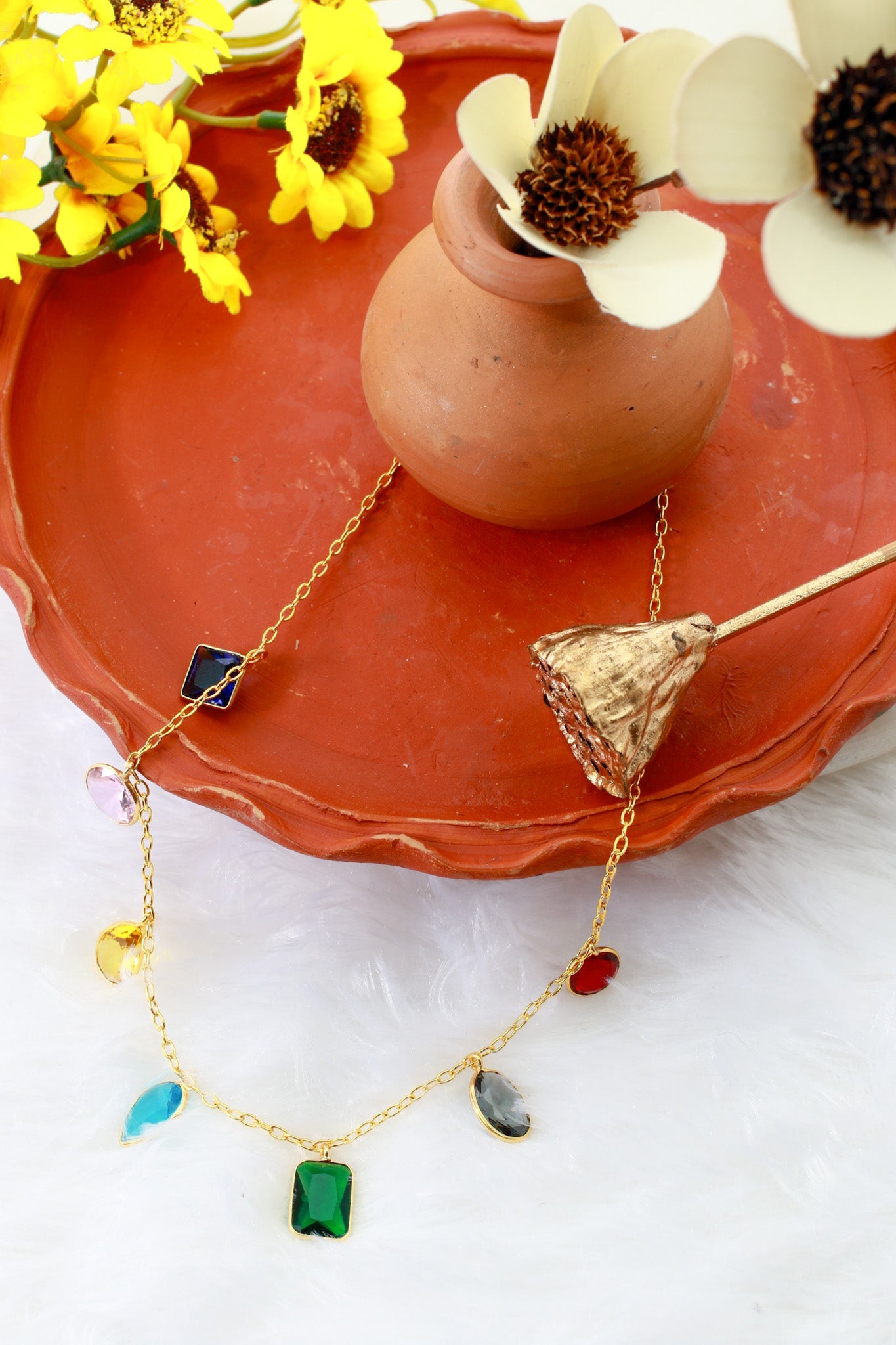 Multicolor Natural Stone Station Chain Pendant Necklace | Gold‑Plated Brass, Anti‑Tarnish - Maxiblink