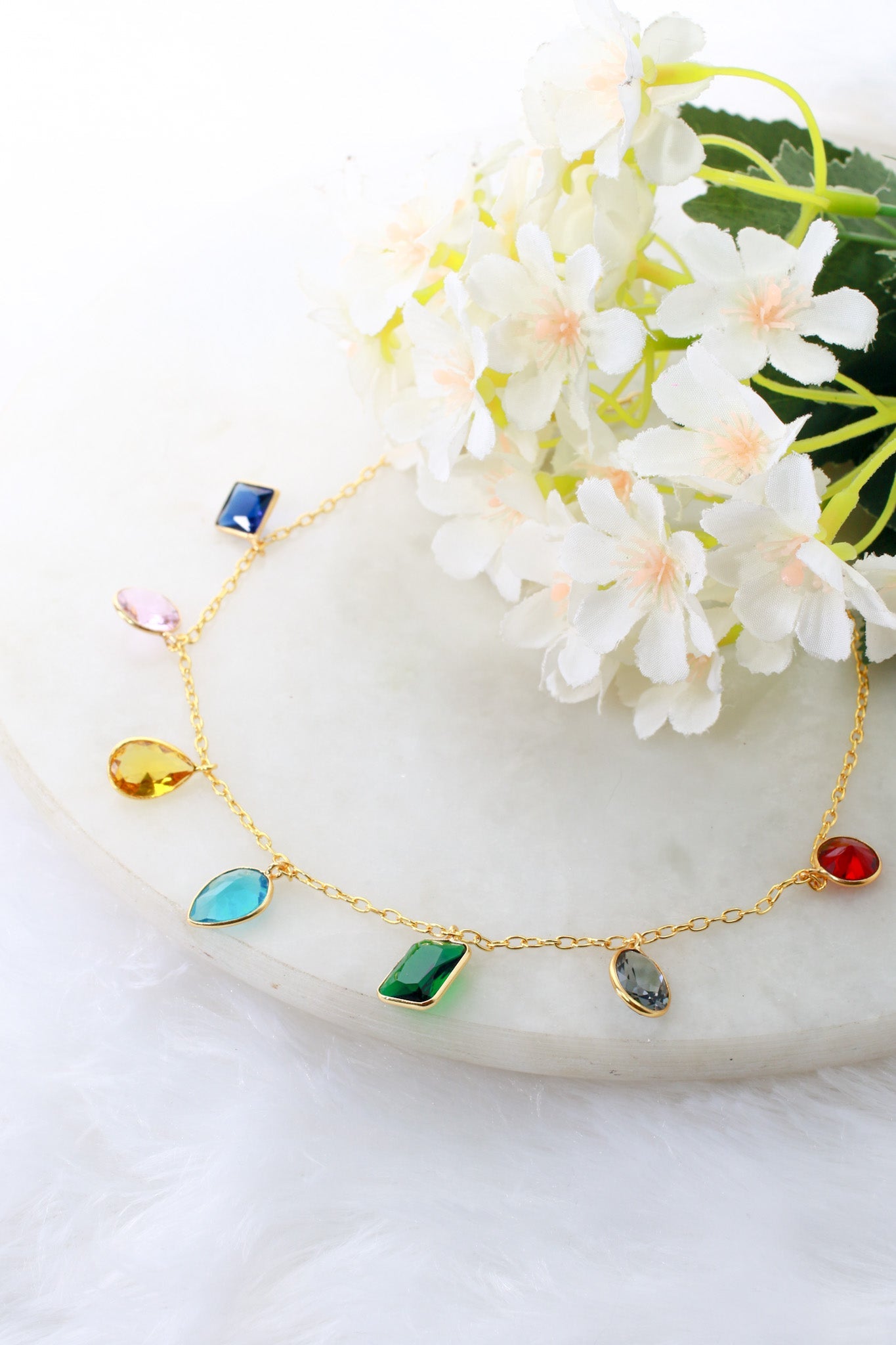 Multicolor Natural Stone Station Chain Pendant Necklace | Gold‑Plated Brass, Anti‑Tarnish - Maxiblink
