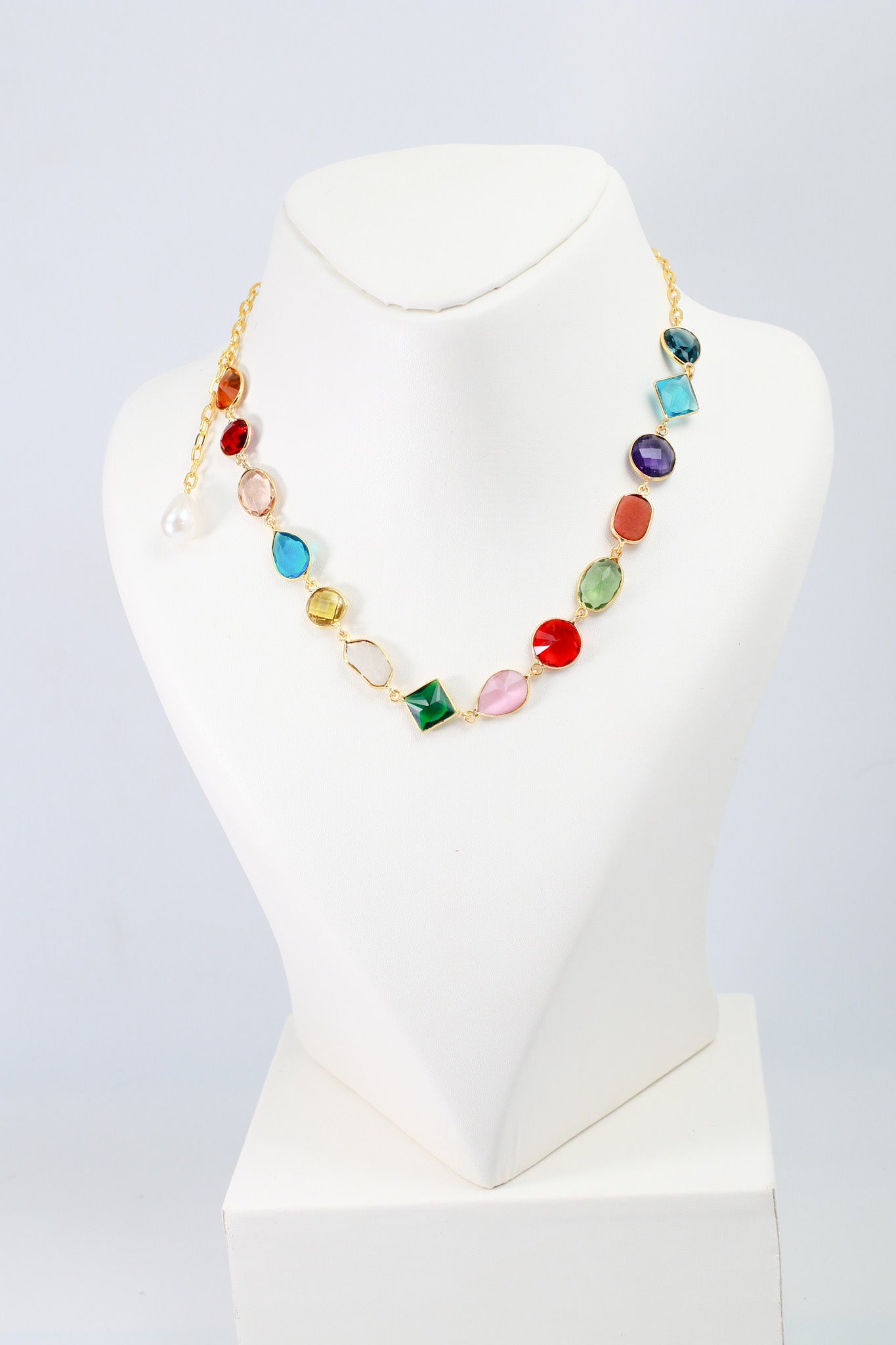 Multicolor Stone Chain Pendant with Pearl Drop | Natural Stones, Gold - Plated Brass - Maxiblink