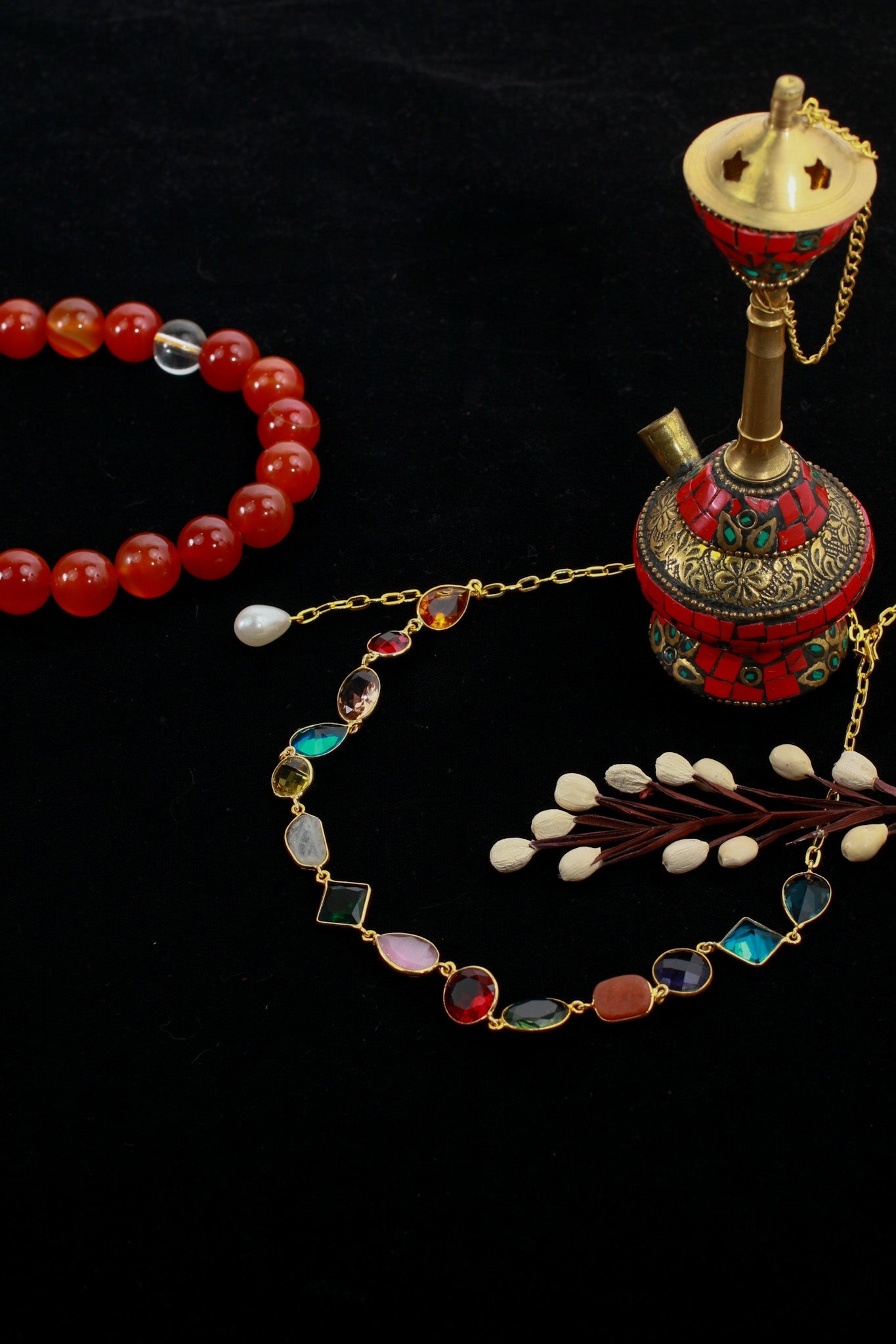 Multicolor Stone Chain Pendant with Pearl Drop | Natural Stones, Gold - Plated Brass - Maxiblink