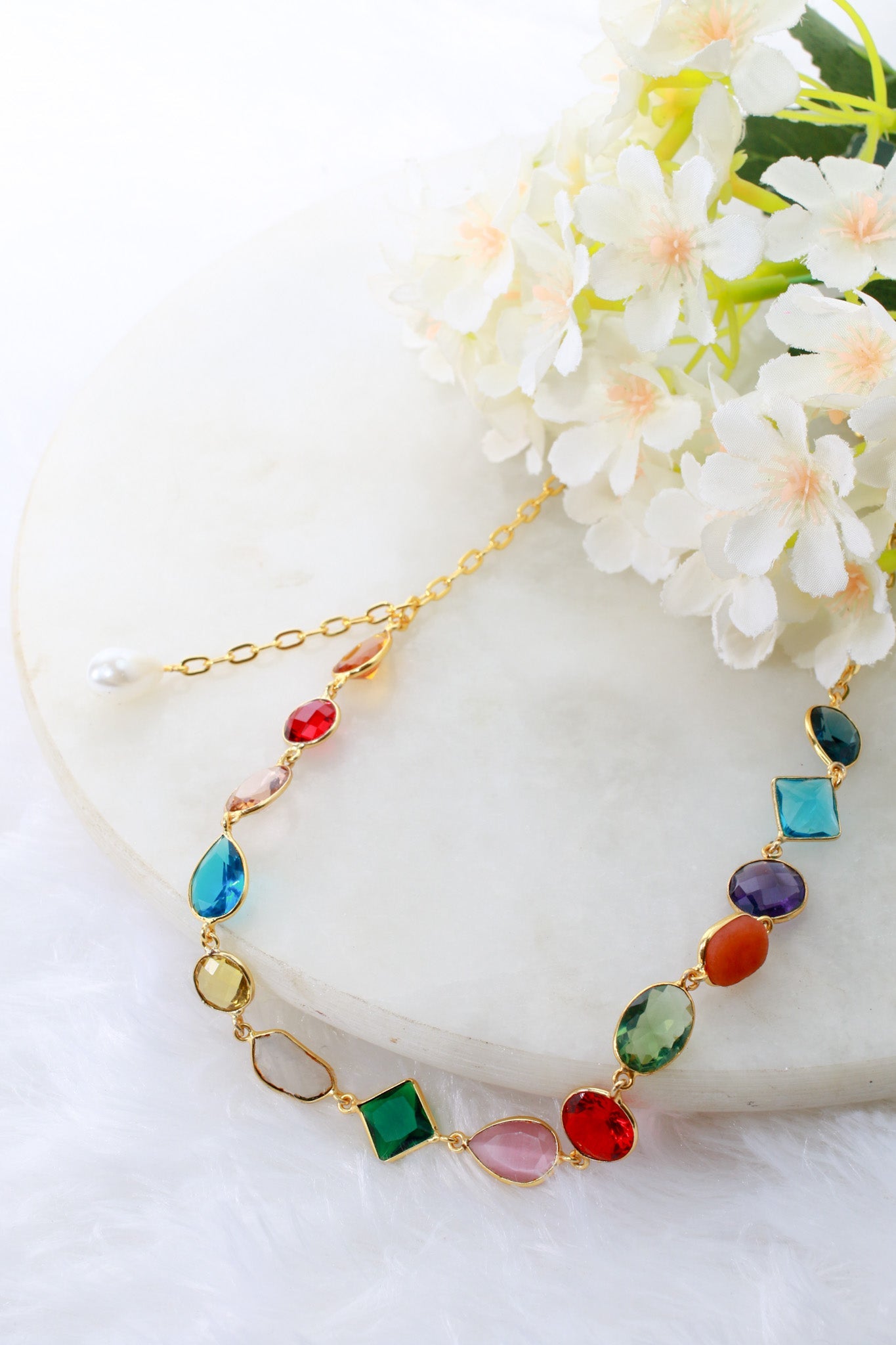 Multicolor Stone Chain Pendant with Pearl Drop | Natural Stones, Gold - Plated Brass - Maxiblink