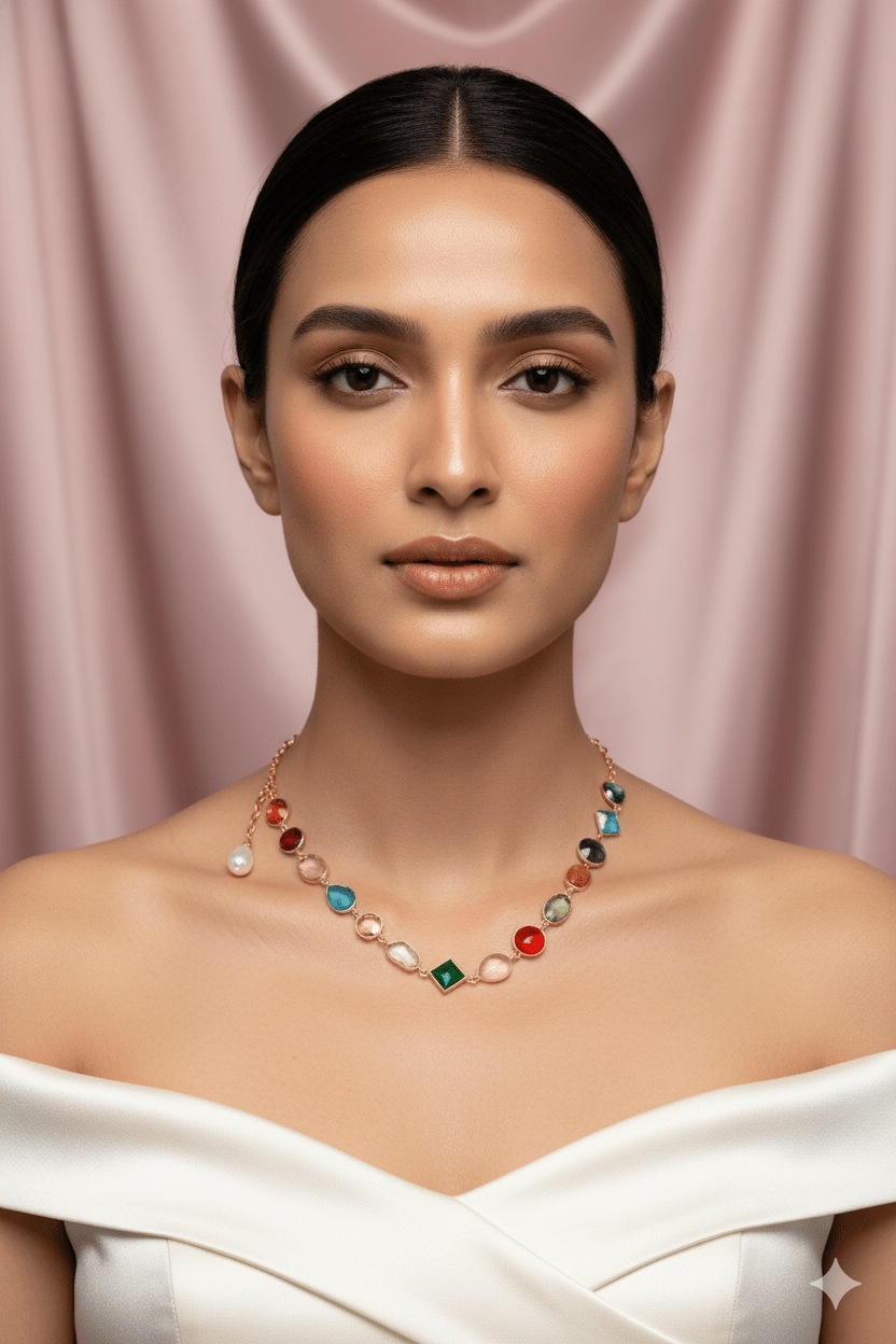 Multicolor Stone Chain Pendant with Pearl Drop | Natural Stones, Gold - Plated Brass - Maxiblink