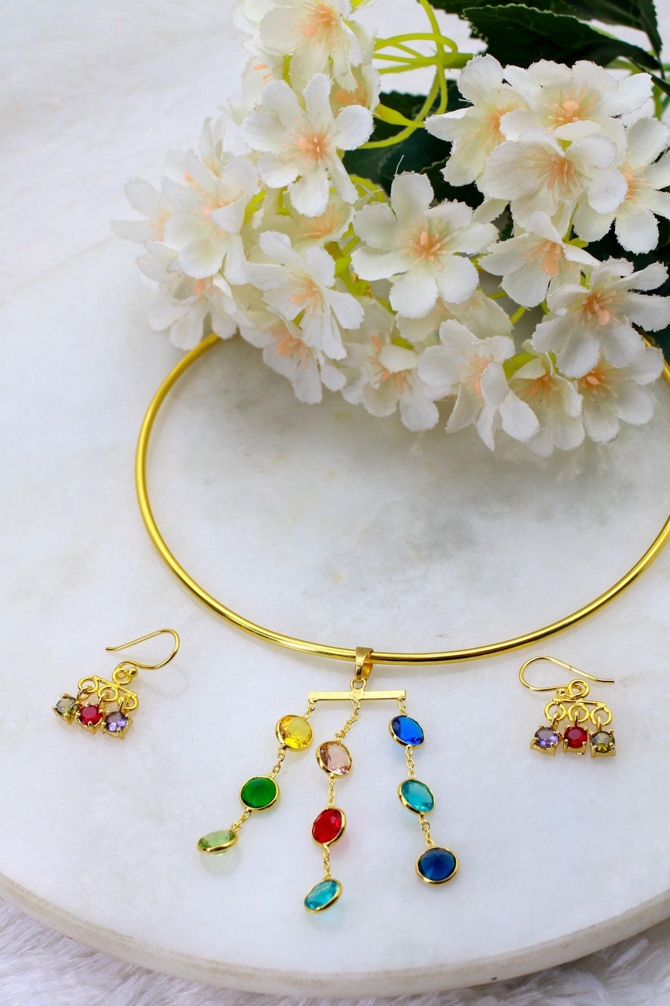 Multicolour Cascade Drop Stone Necklace Set – Brass Gold Plated | Anti - Tarnish Finish - Maxiblink