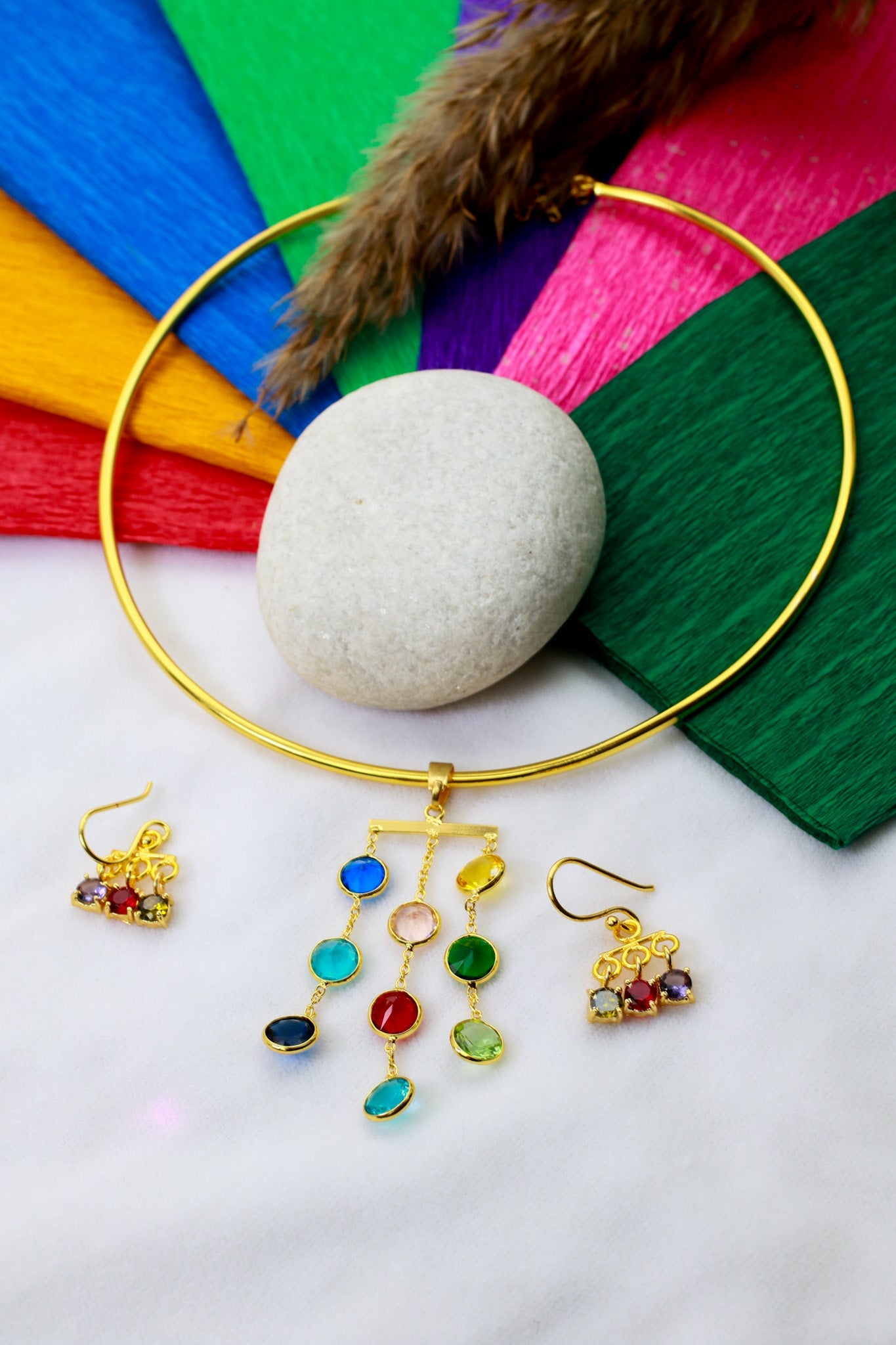 Multicolour Cascade Drop Stone Necklace Set – Brass Gold Plated | Anti - Tarnish Finish - Maxiblink