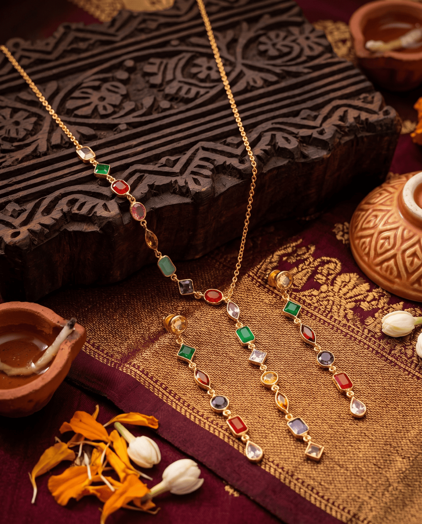 Multicolour Navratna Lariat Pendant Set - Maxiblink