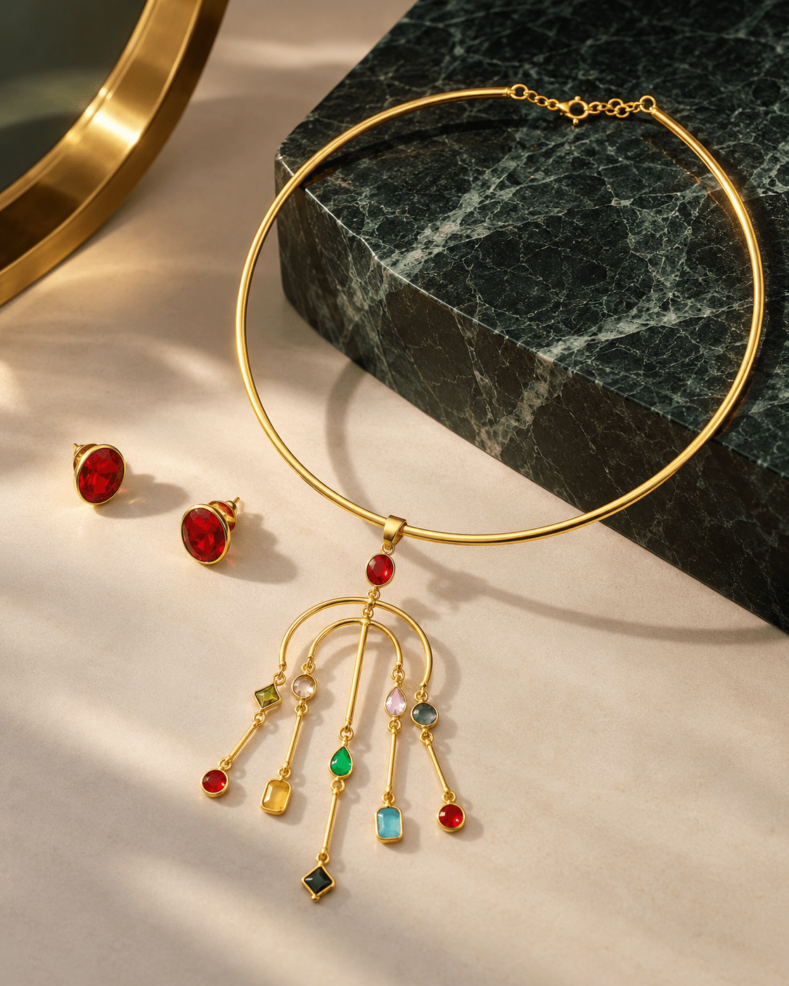Multicolour Stone Arch Chandelier Hansuli Necklace Set - Maxiblink