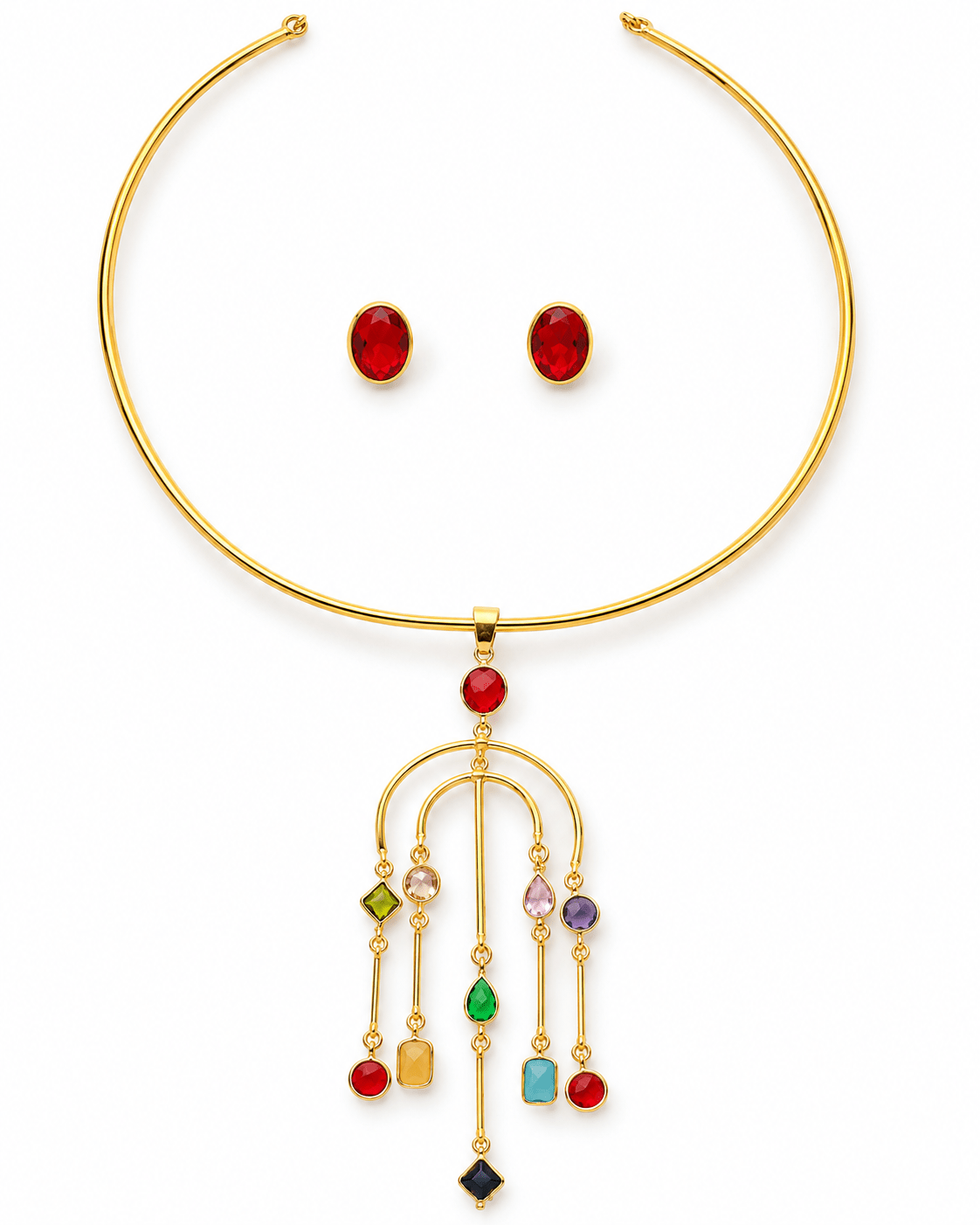 Multicolour Stone Arch Chandelier Hansuli Necklace Set - Maxiblink