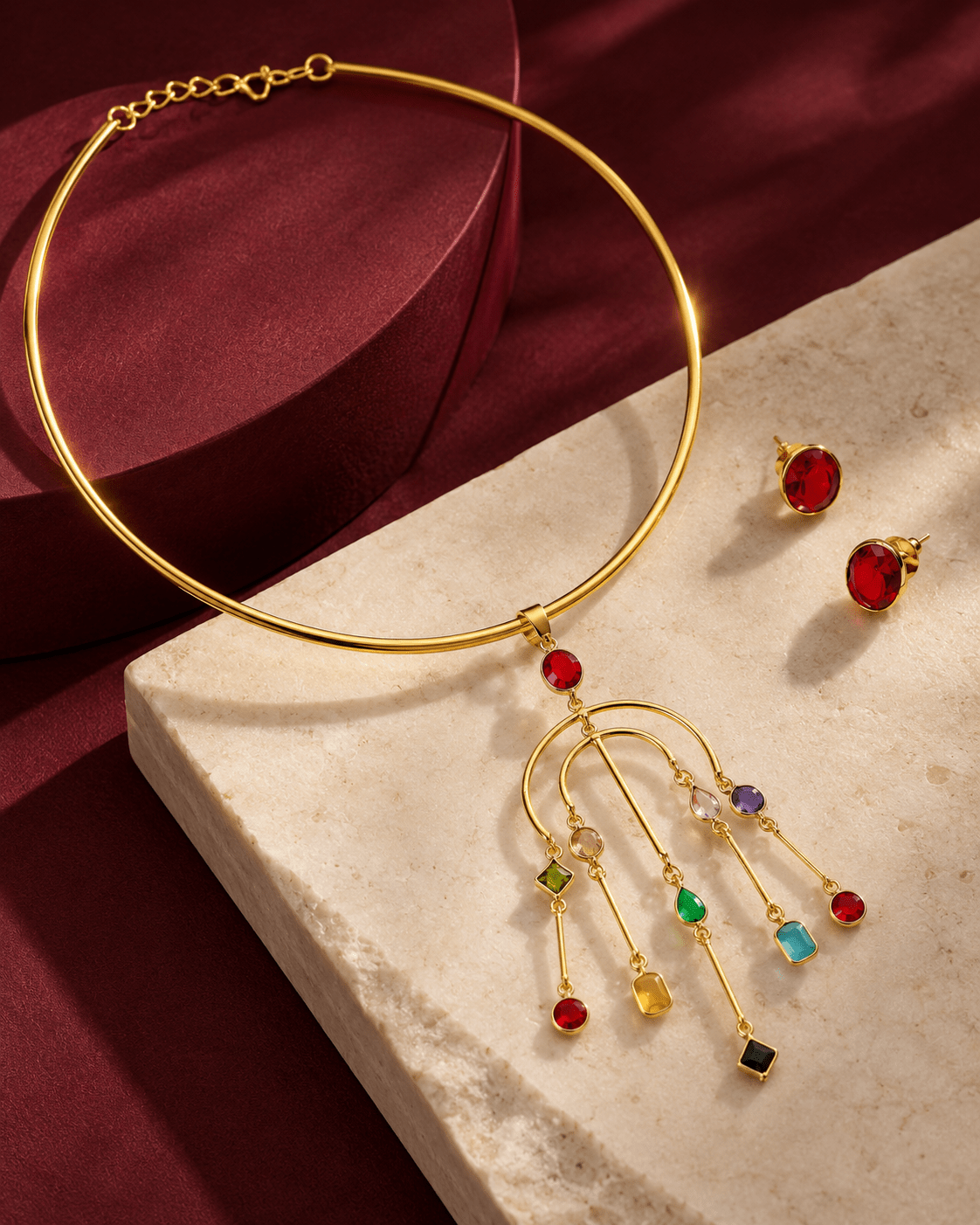 Multicolour Stone Arch Chandelier Hansuli Necklace Set - Maxiblink