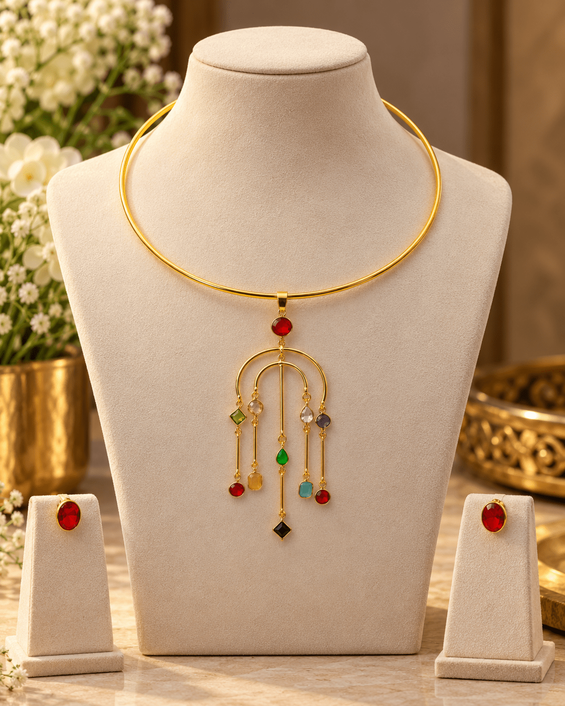 Multicolour Stone Arch Chandelier Hansuli Necklace Set - Maxiblink