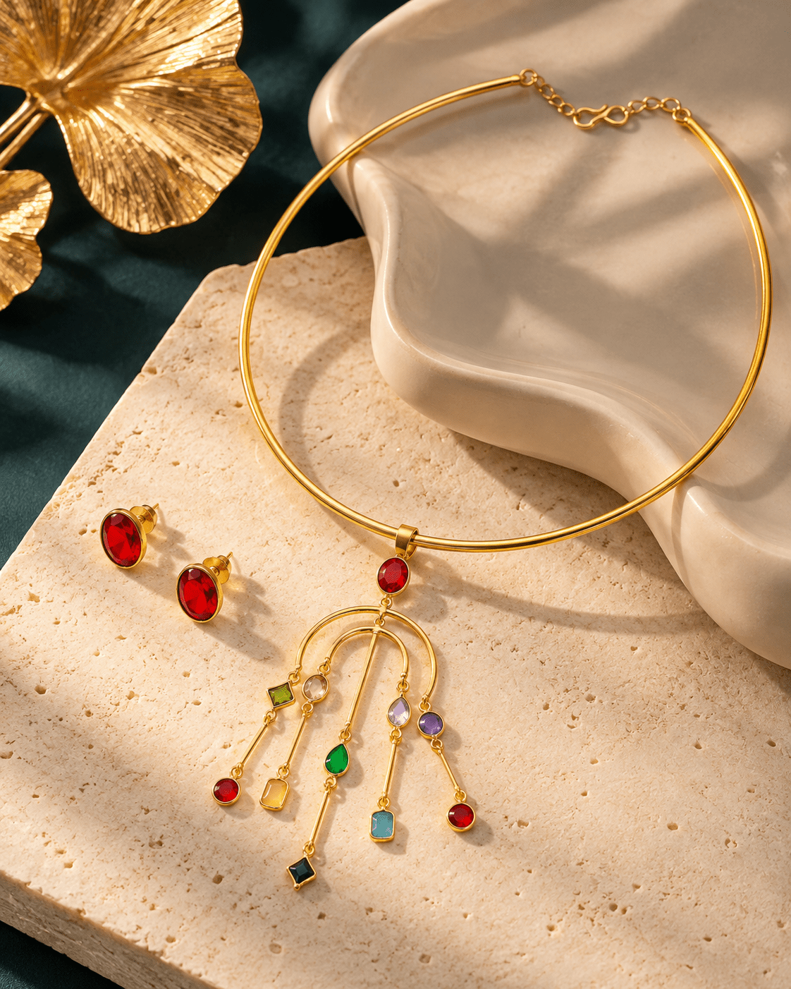 Multicolour Stone Arch Chandelier Hansuli Necklace Set - Maxiblink