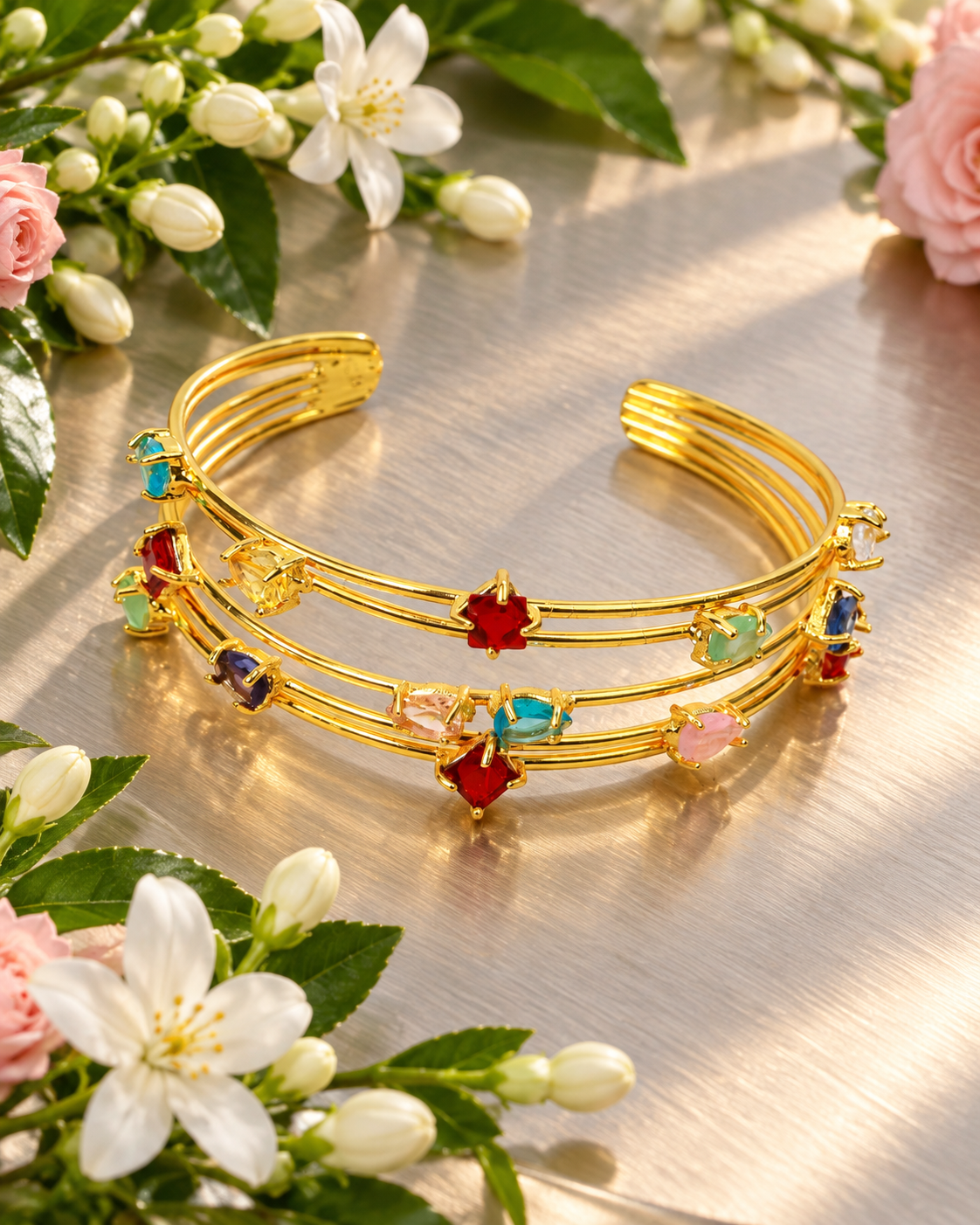 Multicolour Stone Four Row Cuff Bracelet - Maxiblink