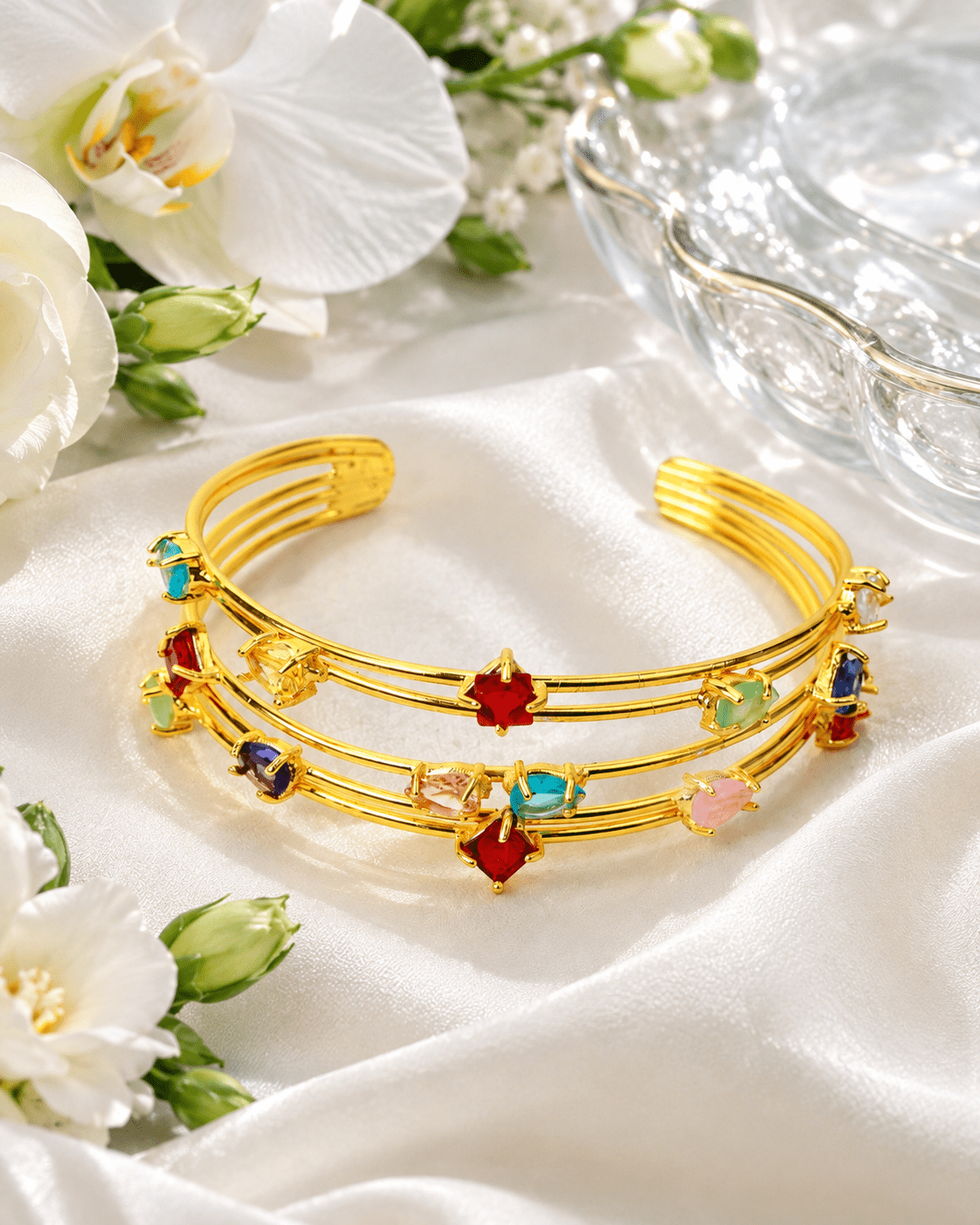 Multicolour Stone Four Row Cuff Bracelet - Maxiblink