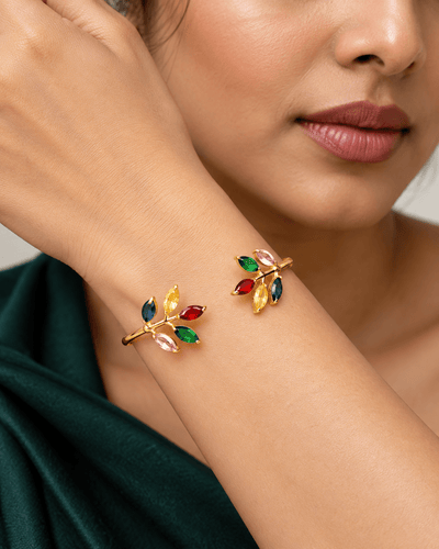 Multicolour Stone Leaf Sprig Open Cuff Bracelet - Maxiblink