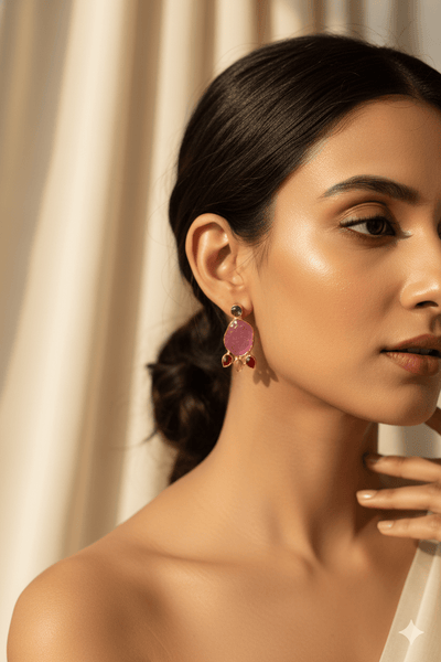 Natural Druzy Slice Earrings – Pink with Green Stud | Gold‑Plated Brass, Anti‑Tarnish - Maxiblink
