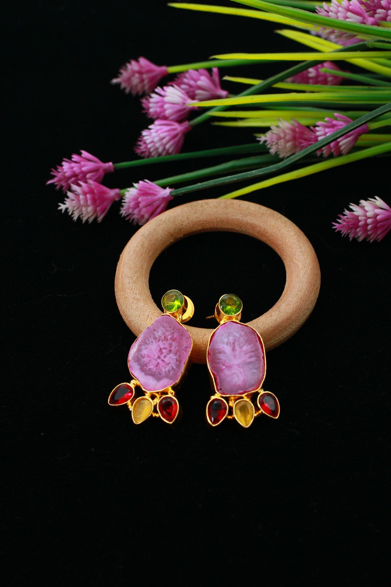 Natural Druzy Slice Earrings – Pink with Green Stud | Gold‑Plated Brass, Anti‑Tarnish - Maxiblink
