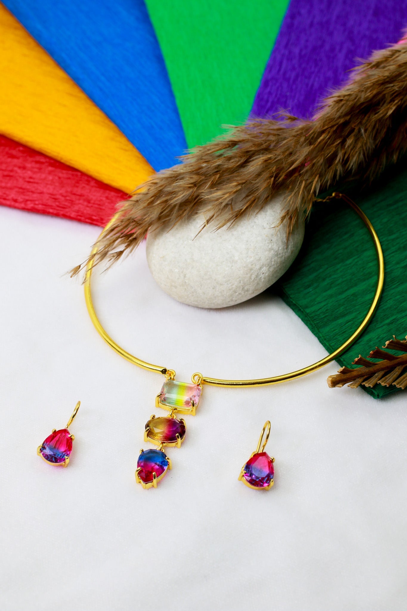 Natural Stone Floral - Vine Multicolour Necklace Set – One - of - a - Kind | Anti - Tarnish Brass - Maxiblink