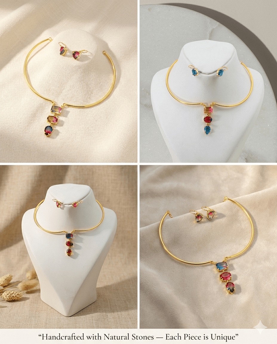 Natural Stone Floral - Vine Multicolour Necklace Set – One - of - a - Kind | Anti - Tarnish Brass - Maxiblink