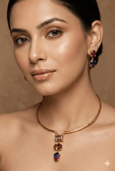 Natural Stone Floral - Vine Multicolour Necklace Set – One - of - a - Kind | Anti - Tarnish Brass - Maxiblink