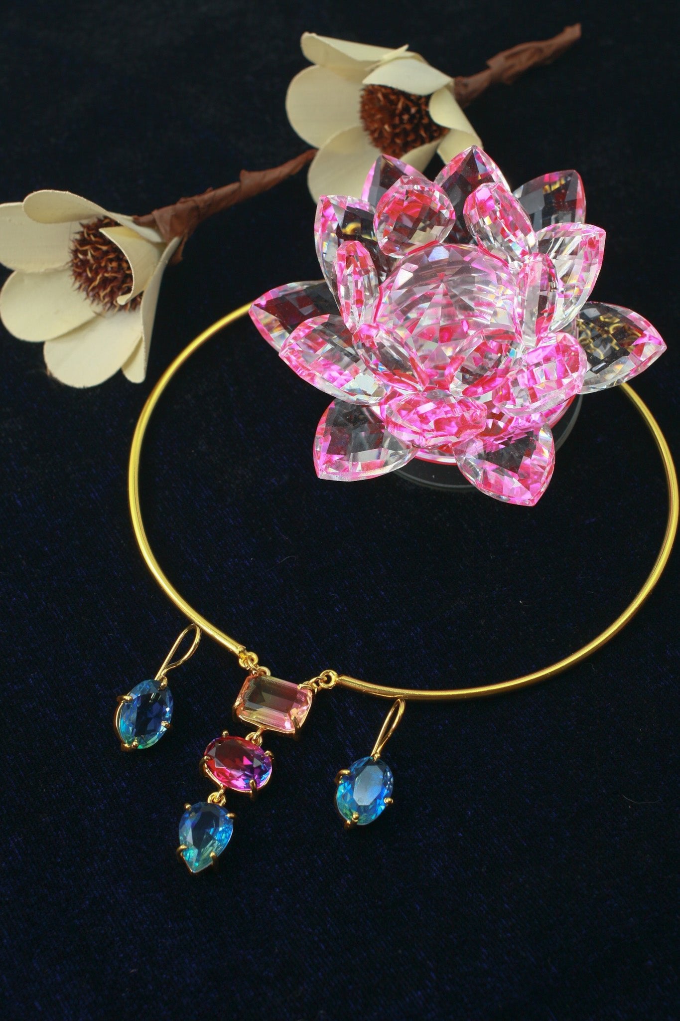 Natural Stone Floral - Vine Multicolour Necklace Set – One - of - a - Kind | Anti - Tarnish Brass - Maxiblink