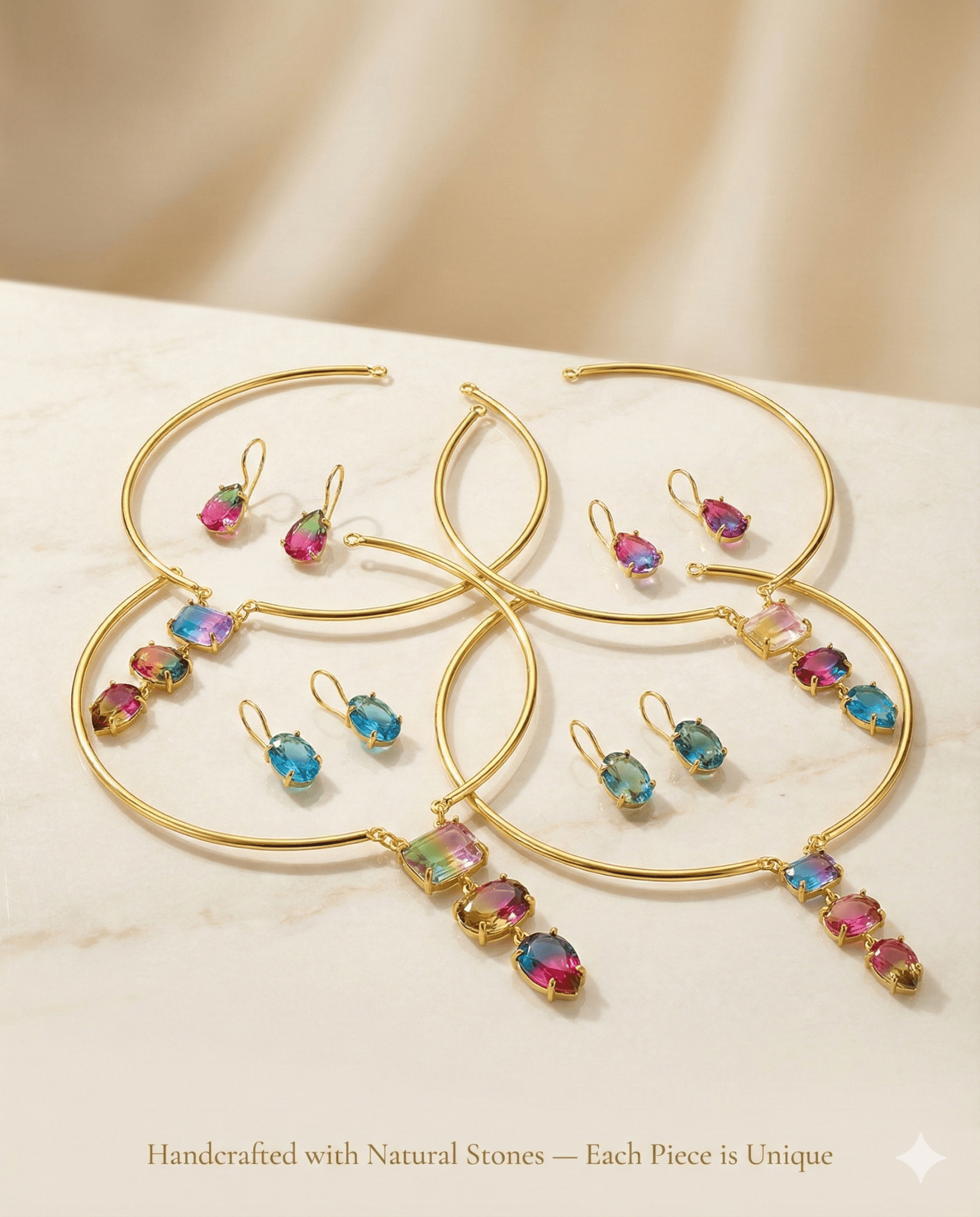 Natural Stone Floral - Vine Multicolour Necklace Set – One - of - a - Kind | Anti - Tarnish Brass - Maxiblink