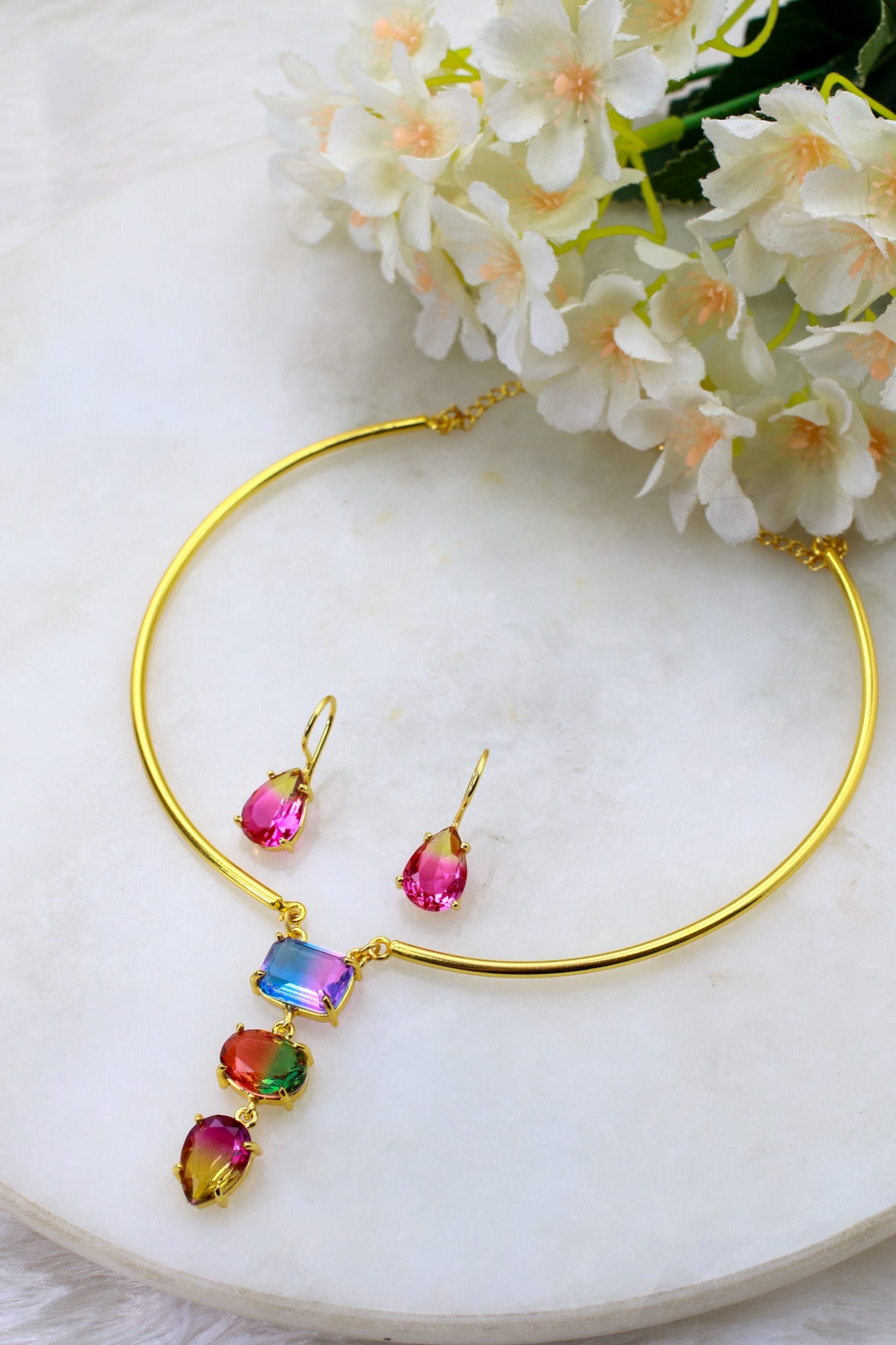 Natural Stone Floral - Vine Multicolour Necklace Set – One - of - a - Kind | Anti - Tarnish Brass - Maxiblink