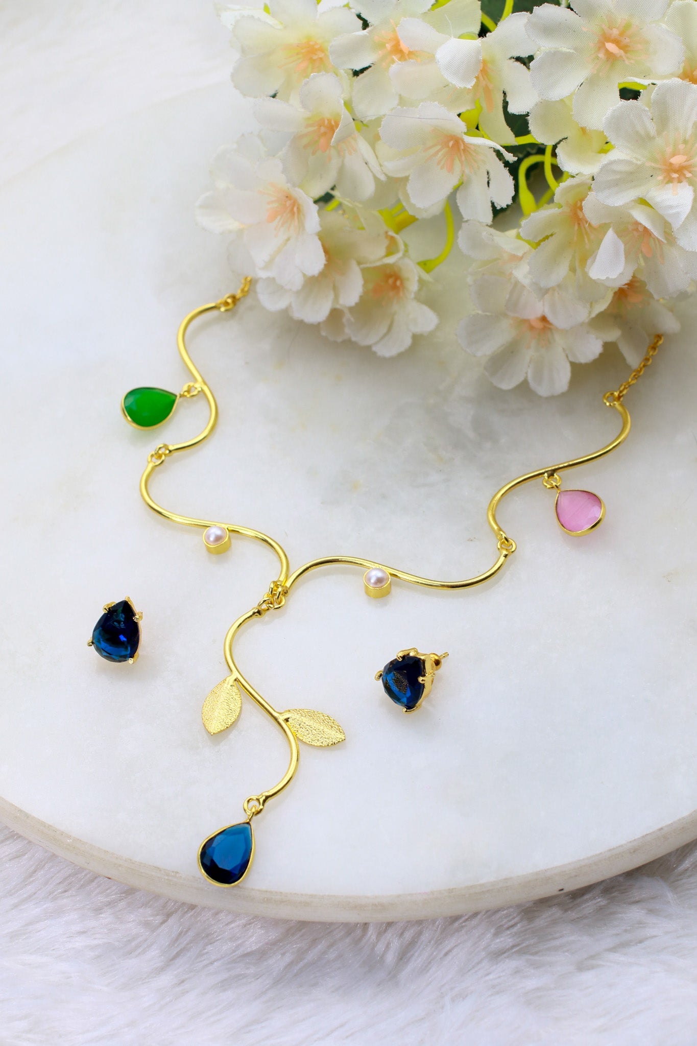 Natural Stone Leaf - Vine Necklace Set – One - of - a - Kind | Gold Plated Brass | Anti - Tarnish - Maxiblink