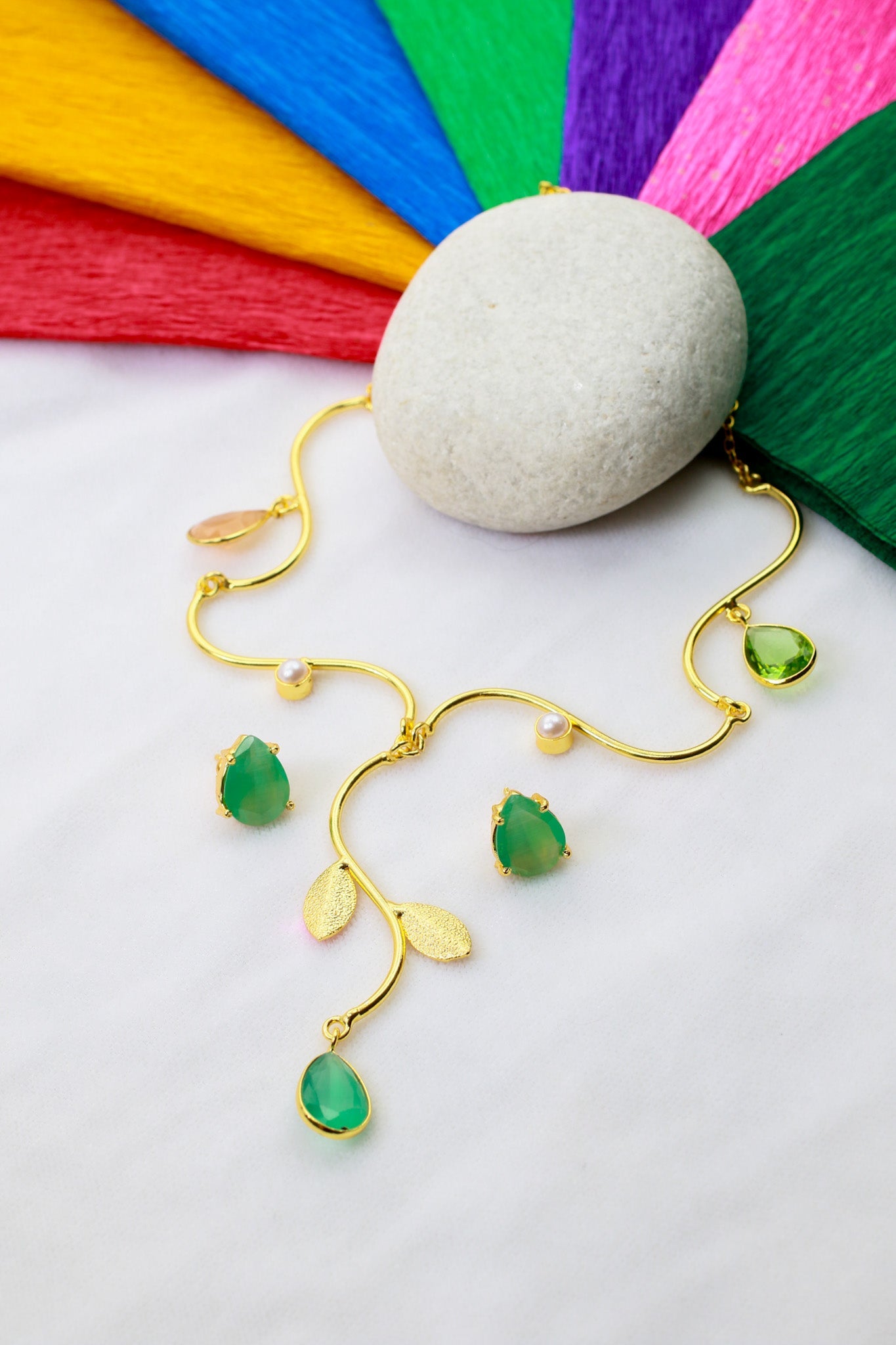 Natural Stone Leaf - Vine Necklace Set – One - of - a - Kind | Gold Plated Brass | Anti - Tarnish - Maxiblink