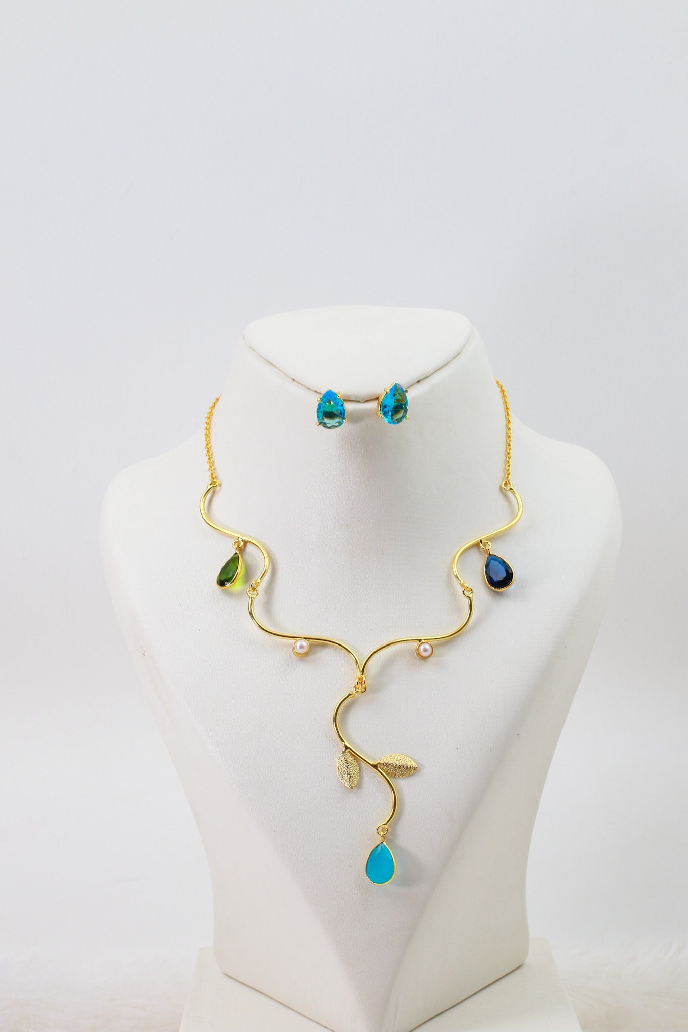 Natural Stone Leaf - Vine Necklace Set – One - of - a - Kind | Gold Plated Brass | Anti - Tarnish - Maxiblink