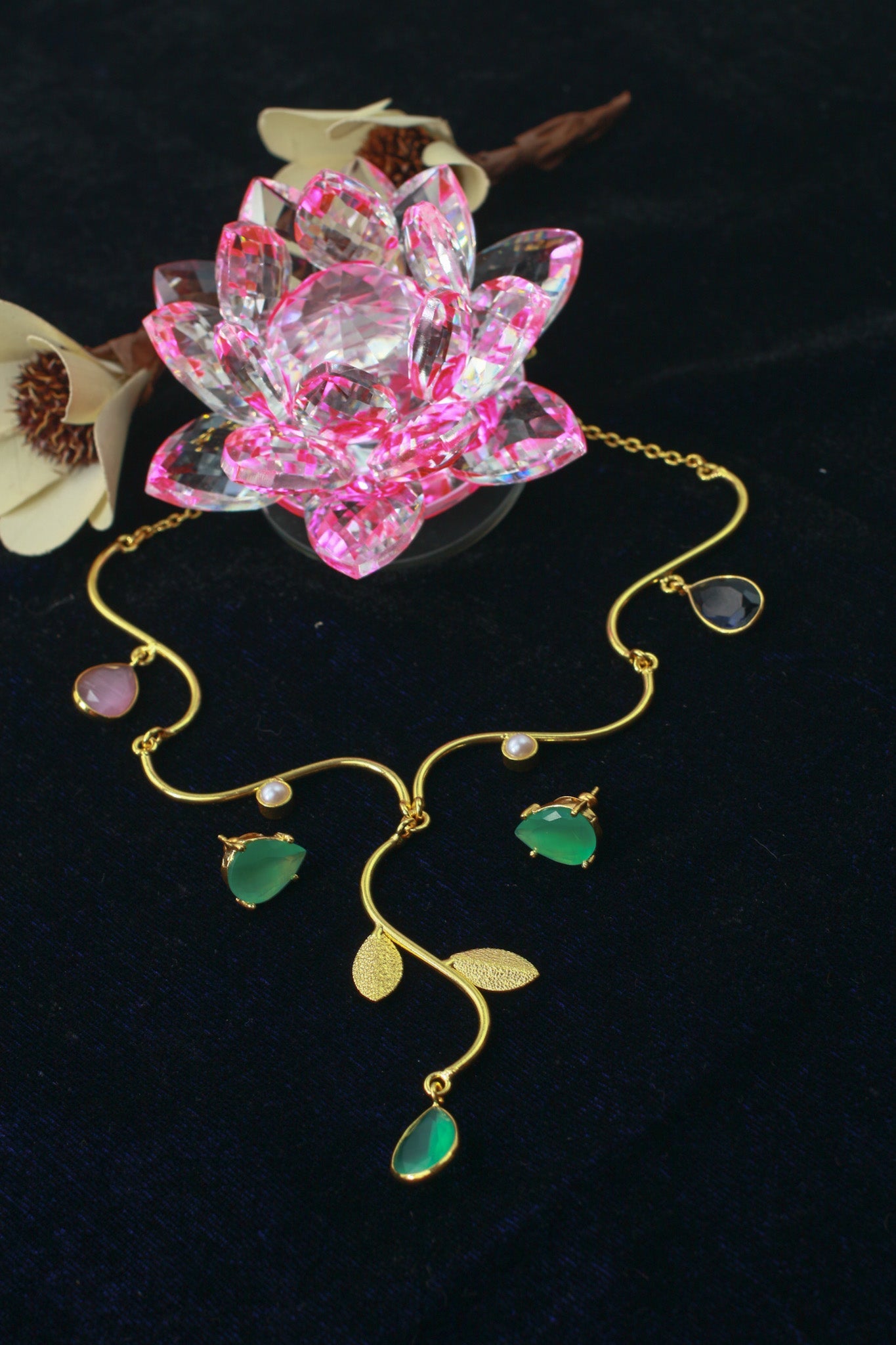 Natural Stone Leaf - Vine Necklace Set – One - of - a - Kind | Gold Plated Brass | Anti - Tarnish - Maxiblink