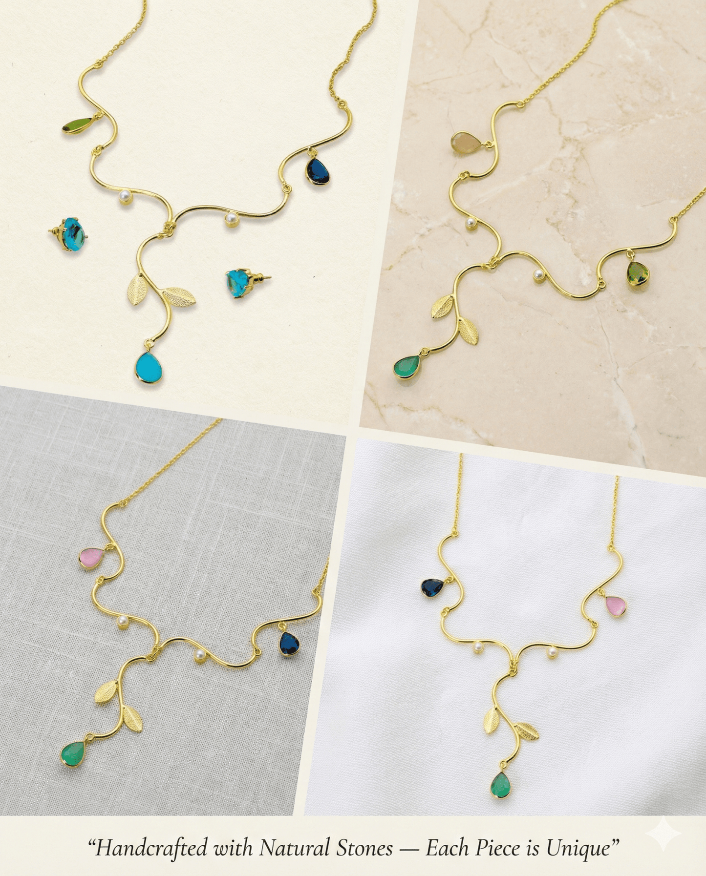 Natural Stone Leaf - Vine Necklace Set – One - of - a - Kind | Gold Plated Brass | Anti - Tarnish - Maxiblink