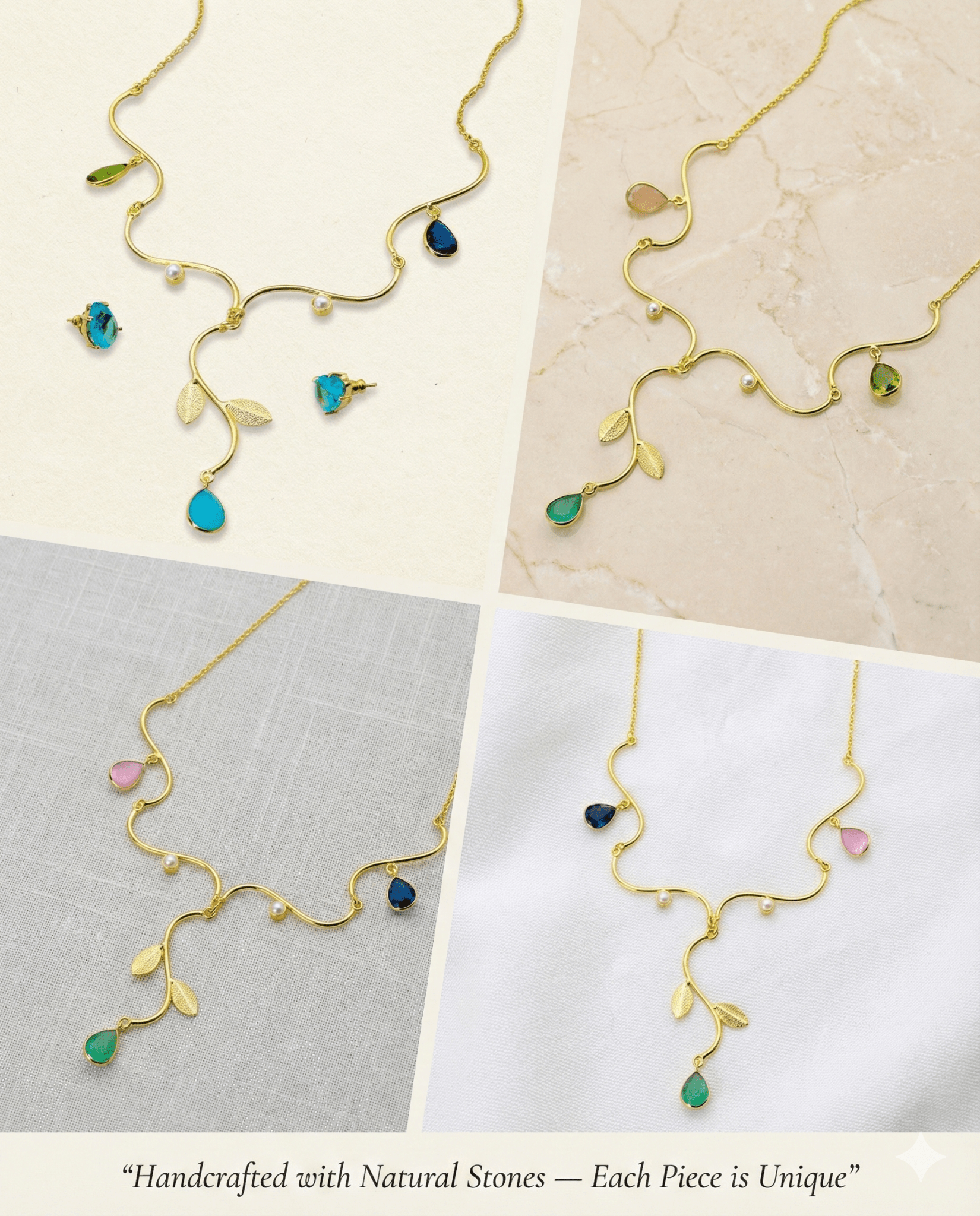Natural Stone Leaf - Vine Necklace Set – One - of - a - Kind | Gold Plated Brass | Anti - Tarnish - Maxiblink