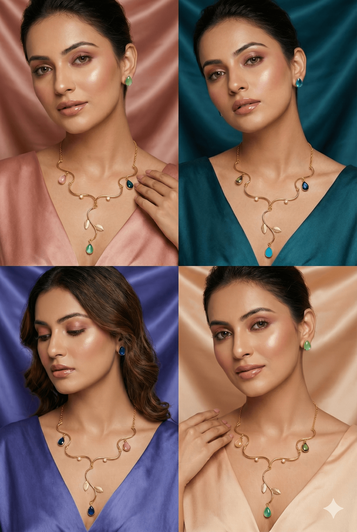 Natural Stone Leaf - Vine Necklace Set – One - of - a - Kind | Gold Plated Brass | Anti - Tarnish - Maxiblink