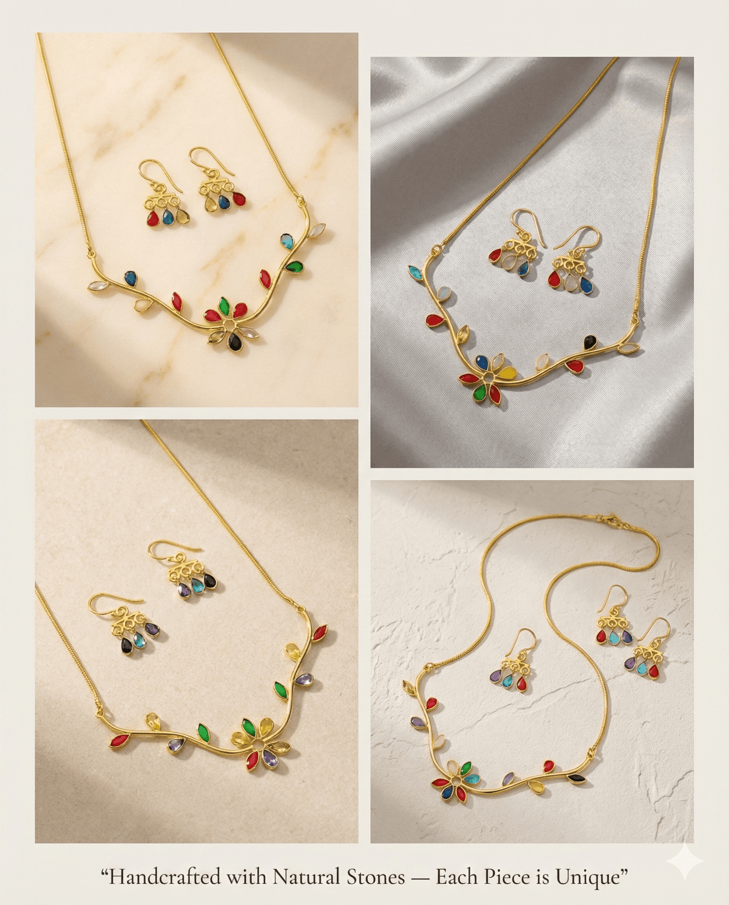 Natural Stone Multicolour Floral Necklace Set – One - of - a - Kind | Brass Gold Plated | Anti - Tarnish - Maxiblink