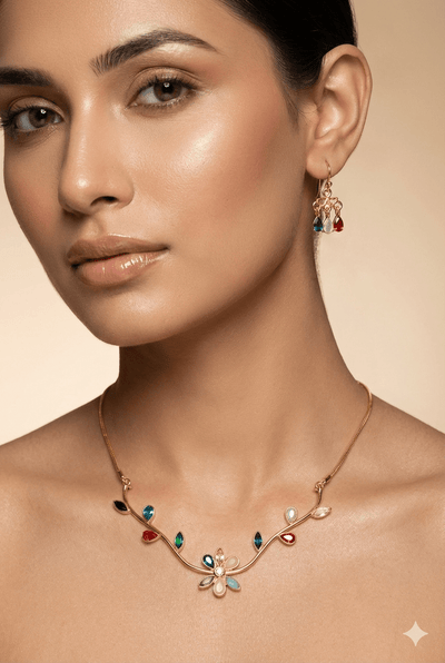 Natural Stone Multicolour Floral Necklace Set – One - of - a - Kind | Brass Gold Plated | Anti - Tarnish - Maxiblink