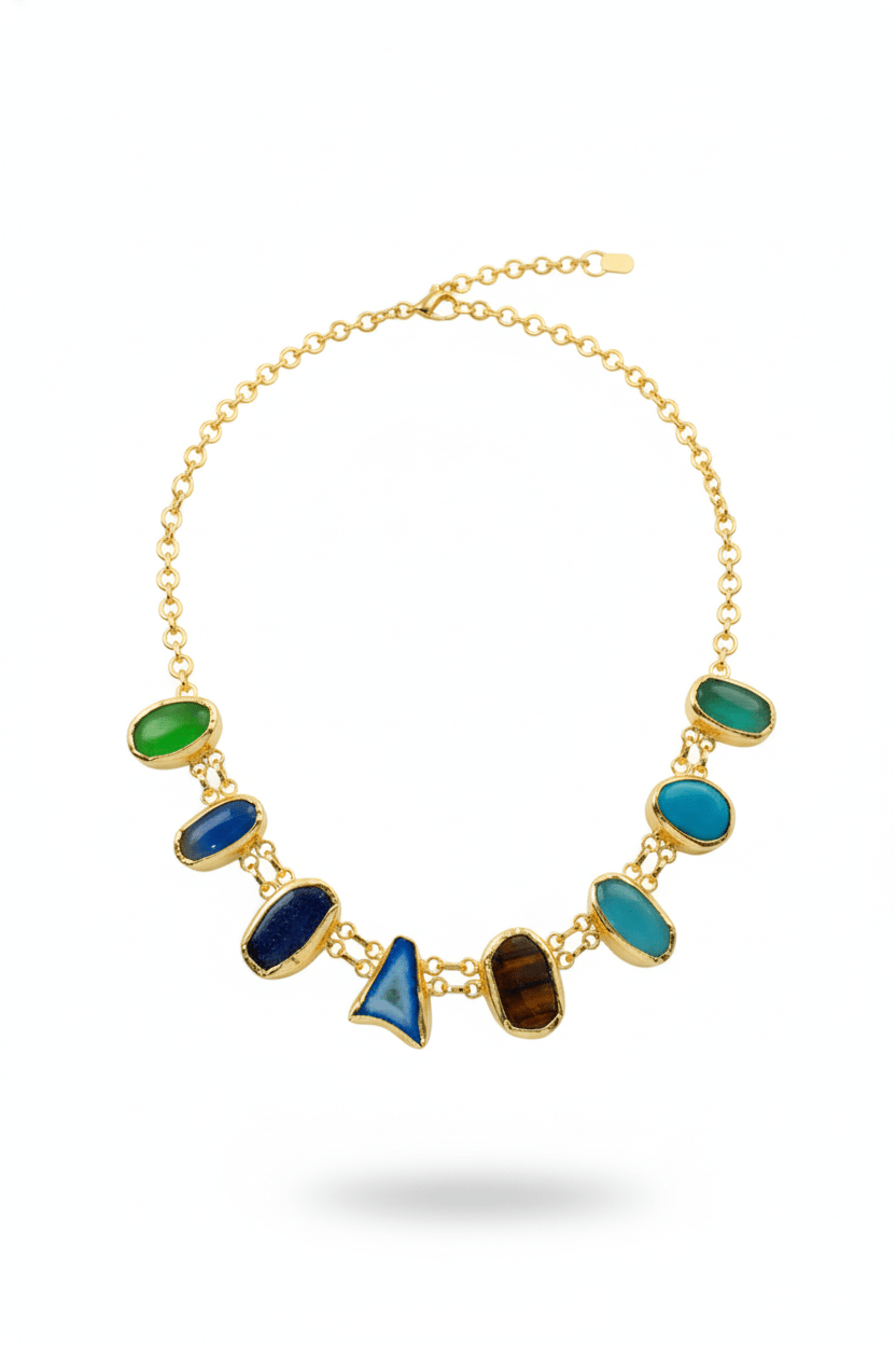 Natural Stone Statement Necklace – Multicolor Gem Chain | Brass Anti Tarnish | Lightweight - Maxiblink