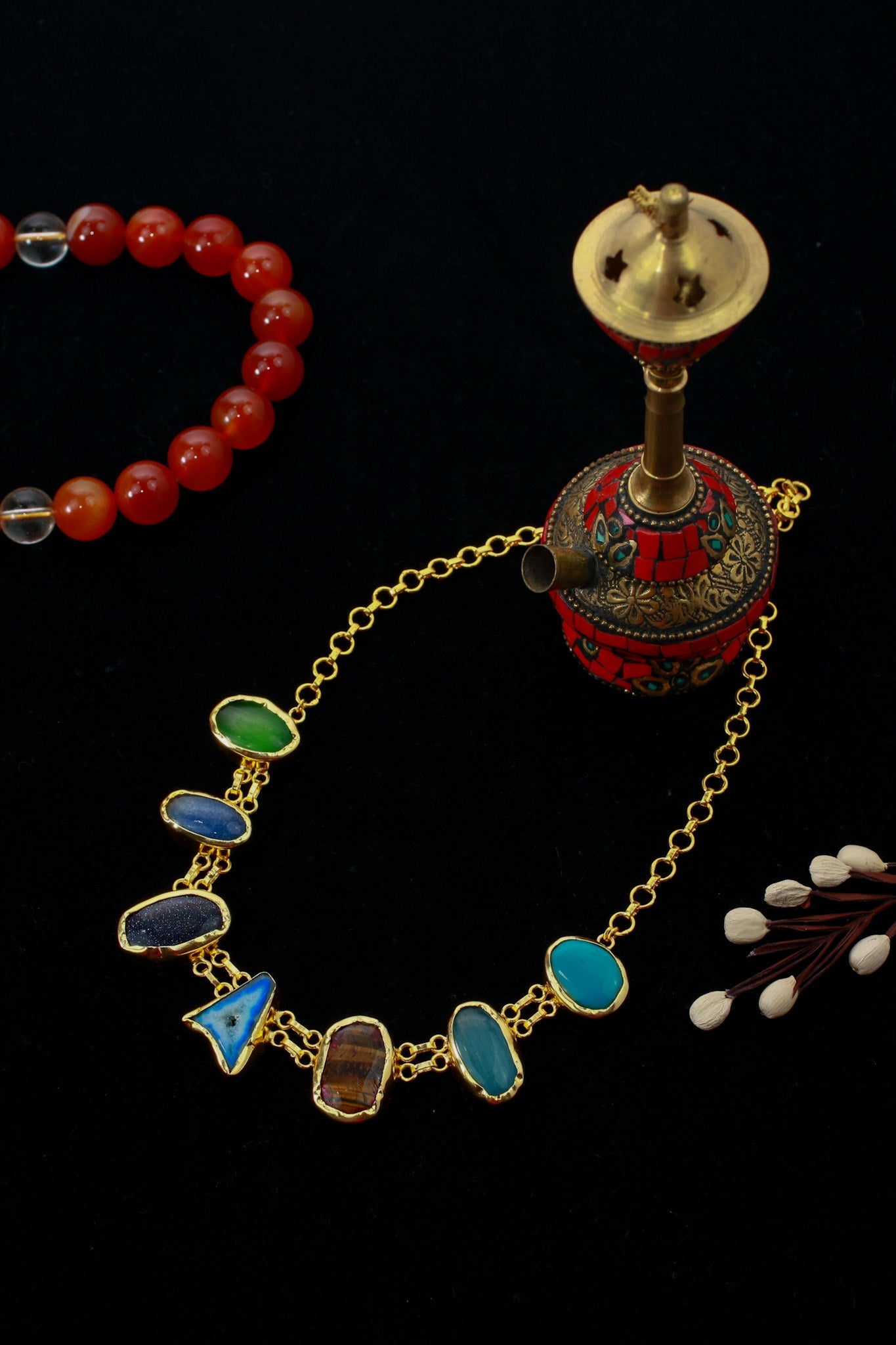 Natural Stone Statement Necklace – Multicolor Gem Chain | Brass Anti Tarnish | Lightweight - Maxiblink