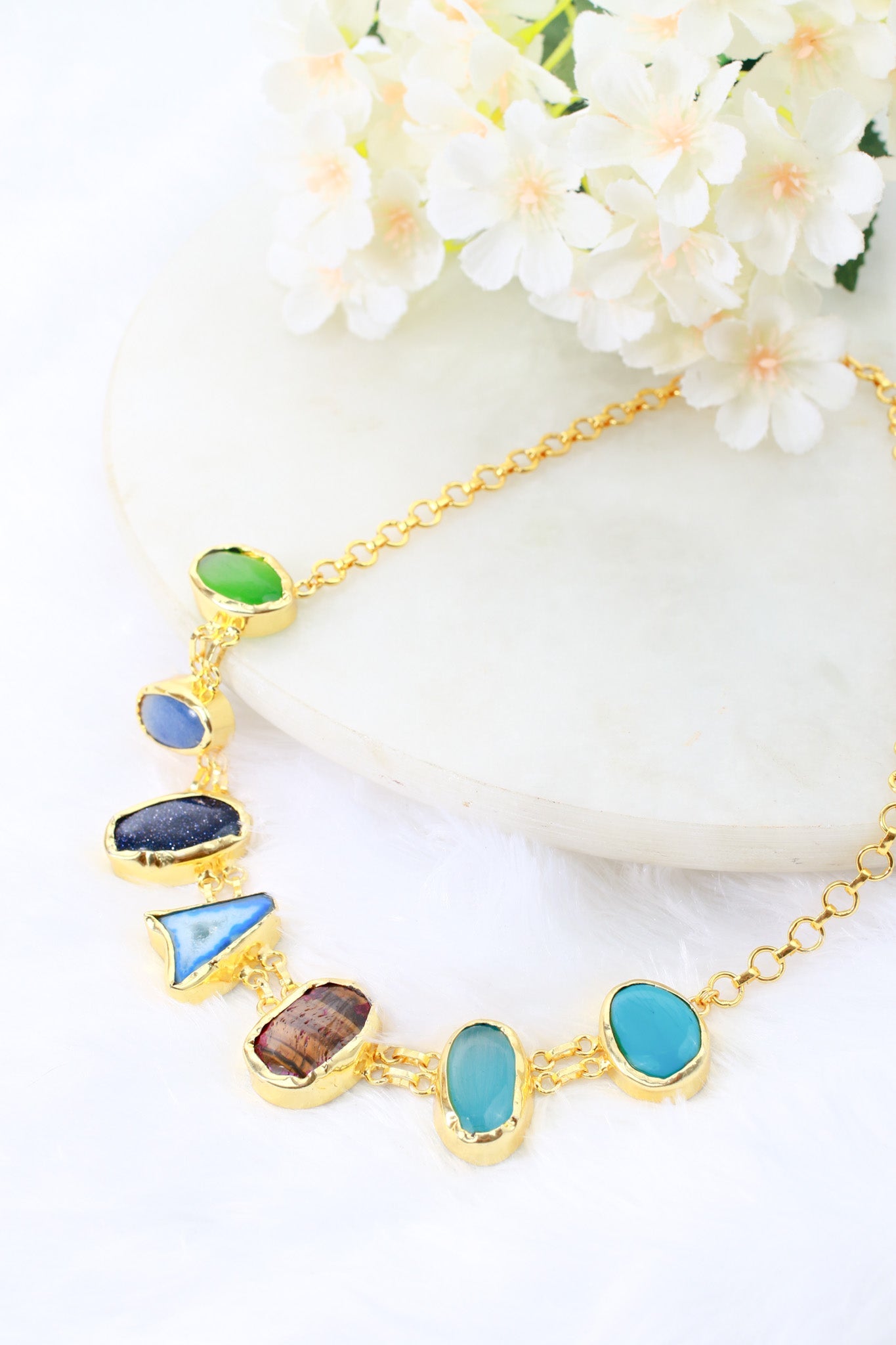 Natural Stone Statement Necklace – Multicolor Gem Chain | Brass Anti Tarnish | Lightweight - Maxiblink