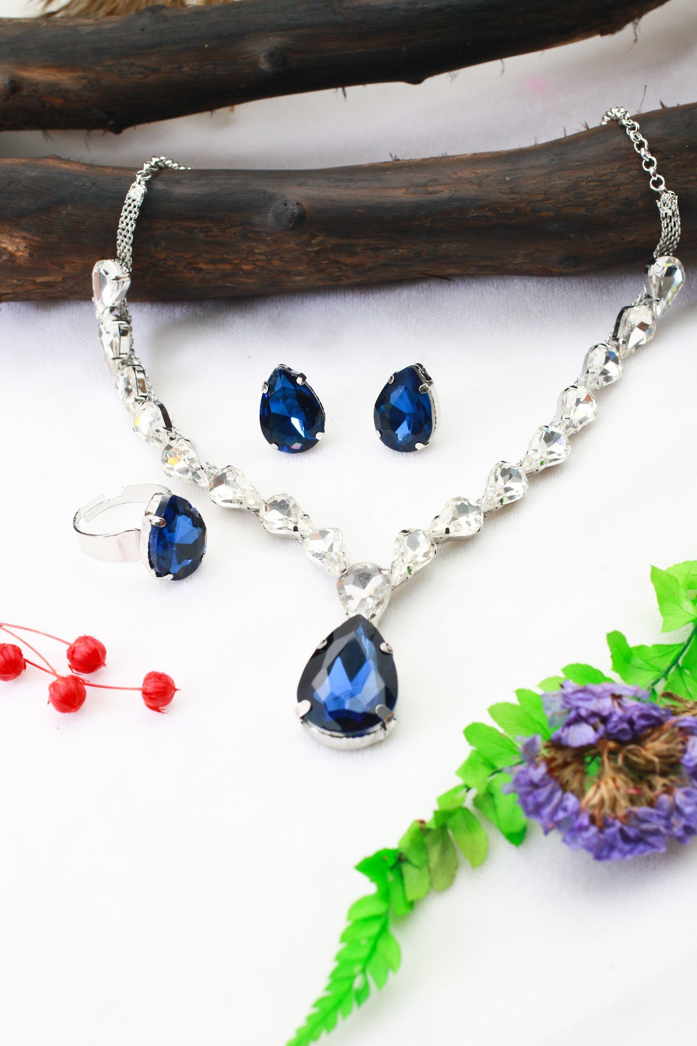 Navy Blue Teardrop Korean Glass Stone Necklace Set | Premium Jewellery - Maxiblink