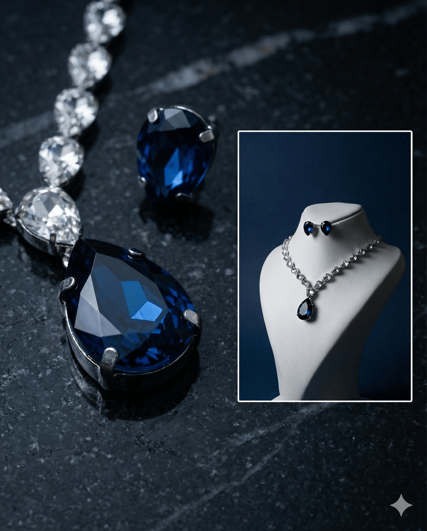 Navy Blue Teardrop Korean Glass Stone Necklace Set | Premium Jewellery - Maxiblink