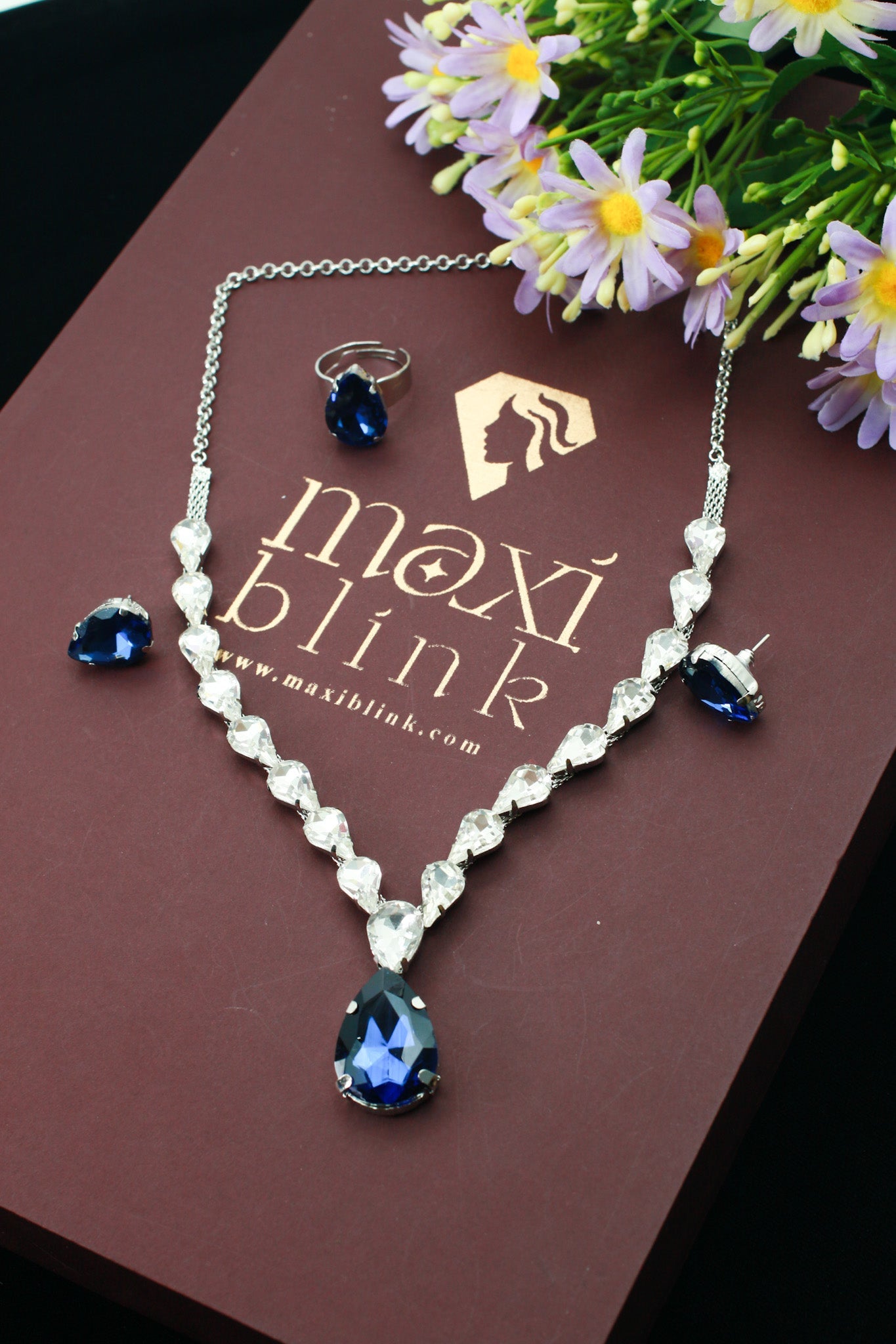 Navy Blue Teardrop Korean Glass Stone Necklace Set | Premium Jewellery - Maxiblink