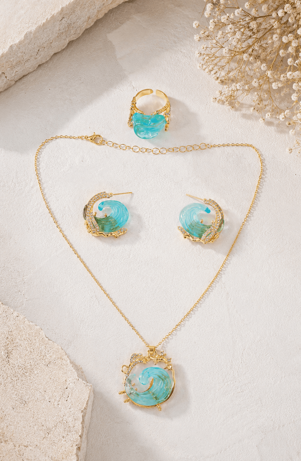 Ocean Wave Resin Necklace, Earring & Ring Set - Maxiblink