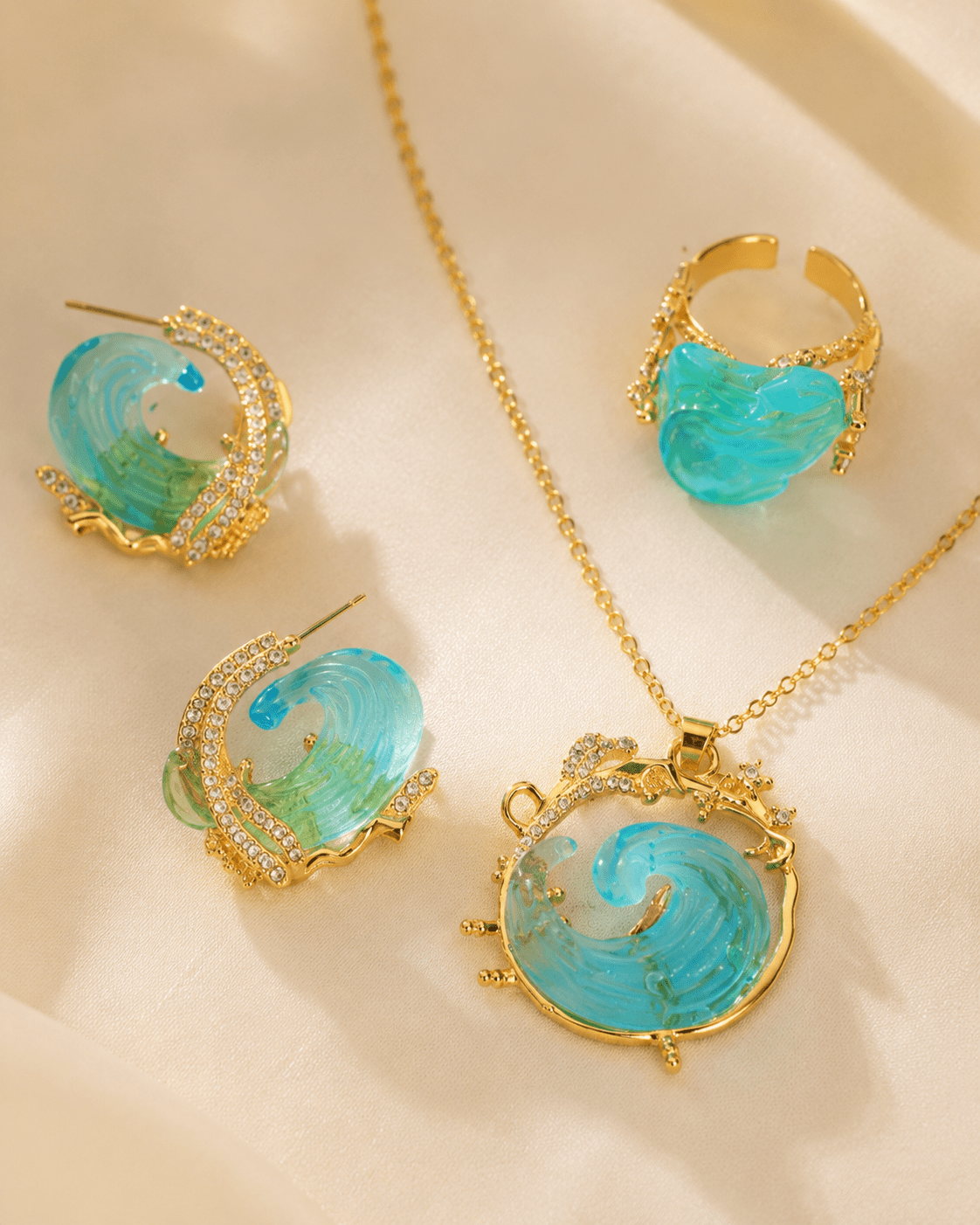 Ocean Wave Resin Necklace, Earring & Ring Set - Maxiblink