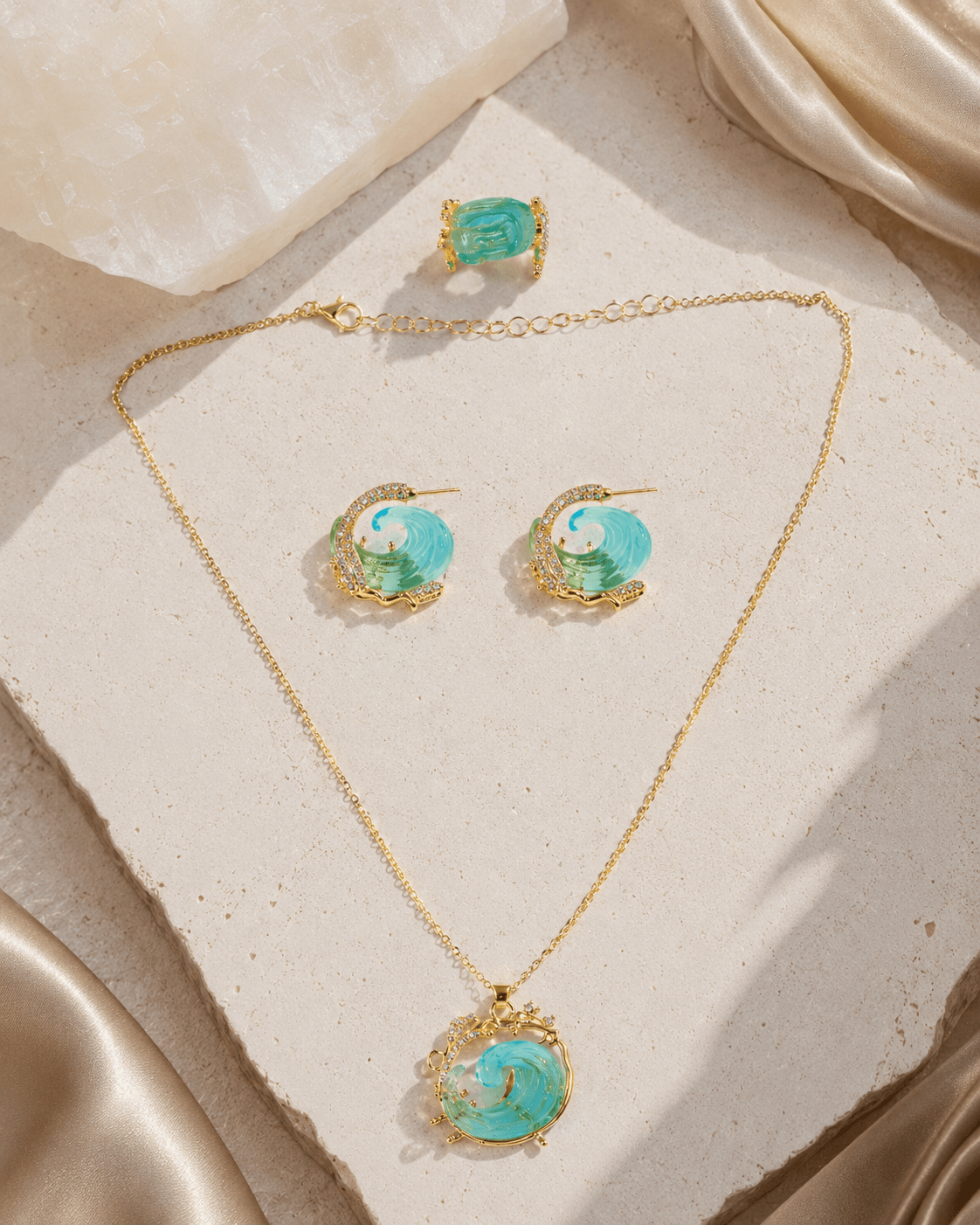 Ocean Wave Resin Necklace, Earring & Ring Set - Maxiblink