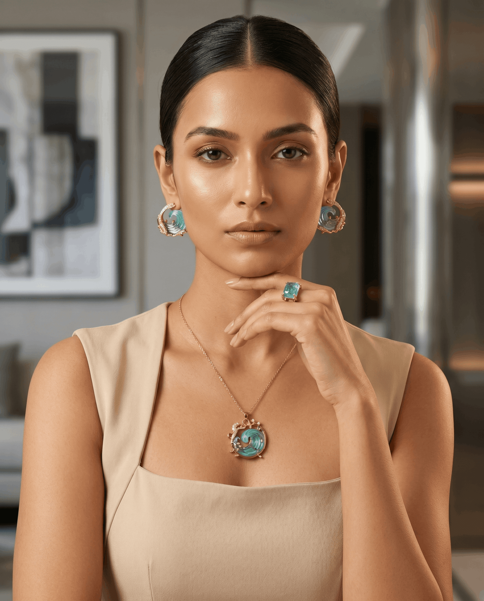 Ocean Wave Resin Necklace, Earring & Ring Set - Maxiblink