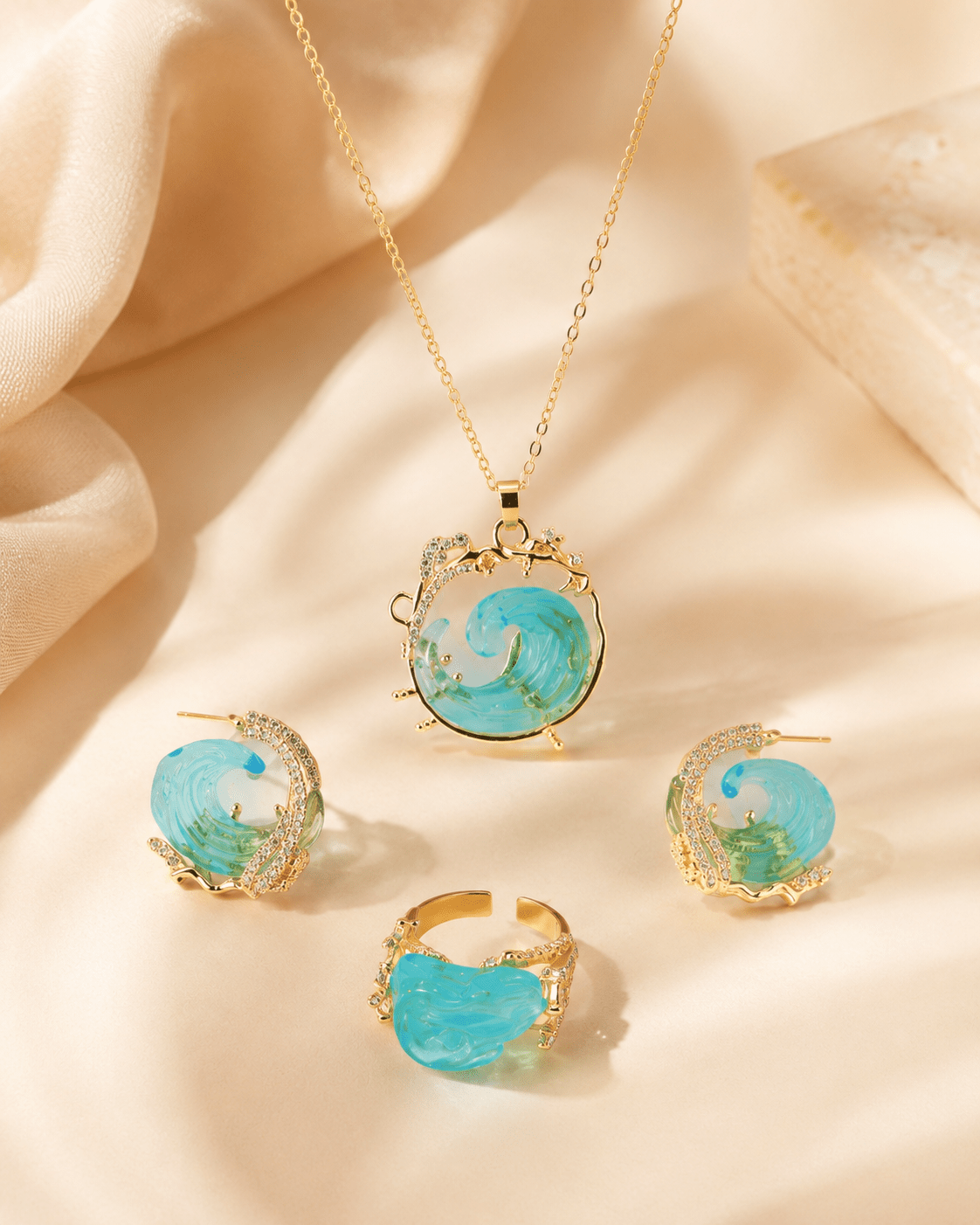 Ocean Wave Resin Necklace, Earring & Ring Set - Maxiblink