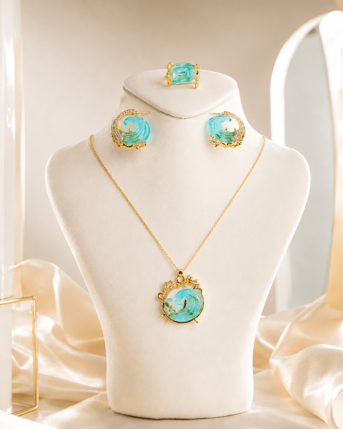 Ocean Wave Resin Necklace, Earring & Ring Set - Maxiblink