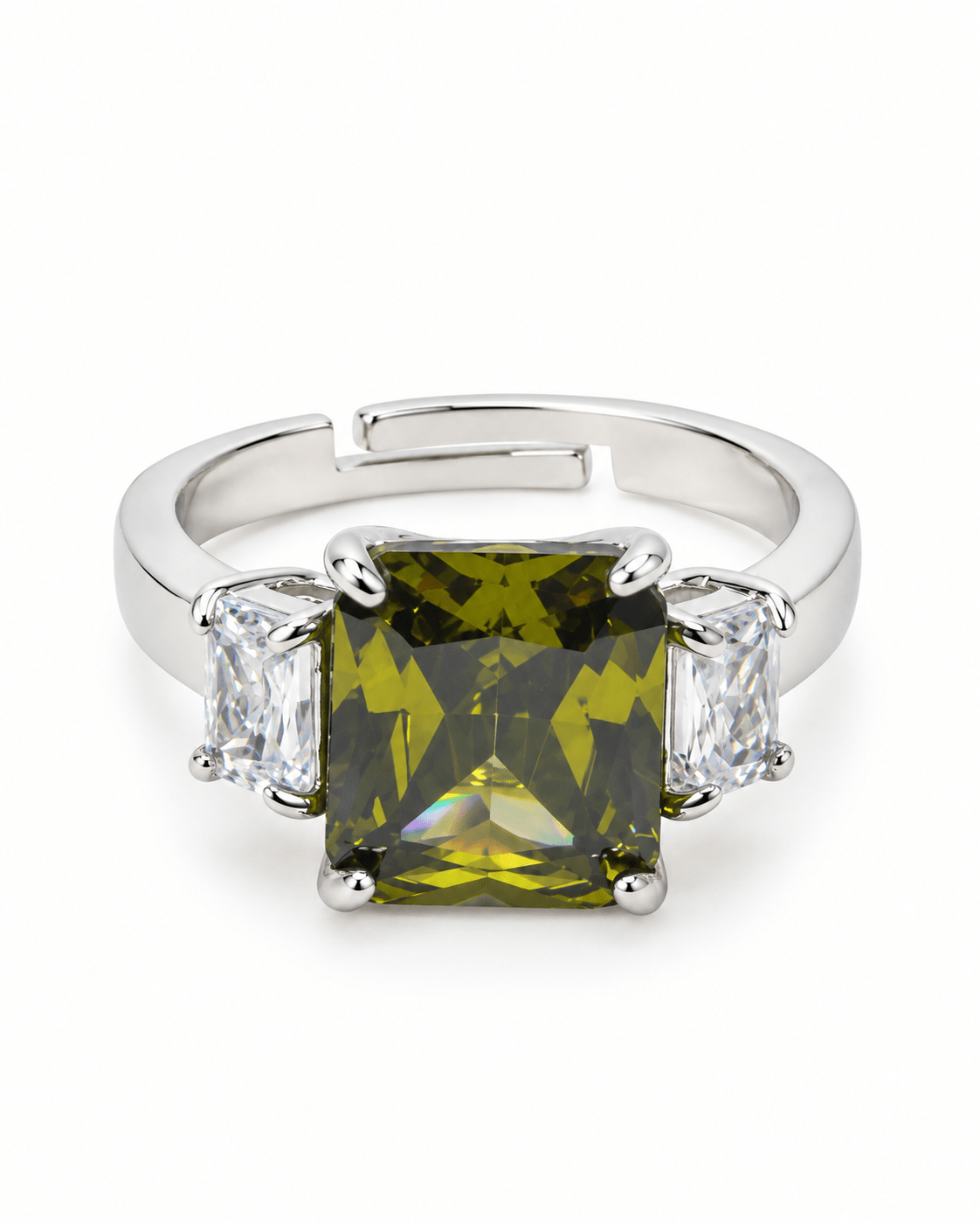 Olive Green Emerald-Cut Three-Stone Ring - Maxiblink