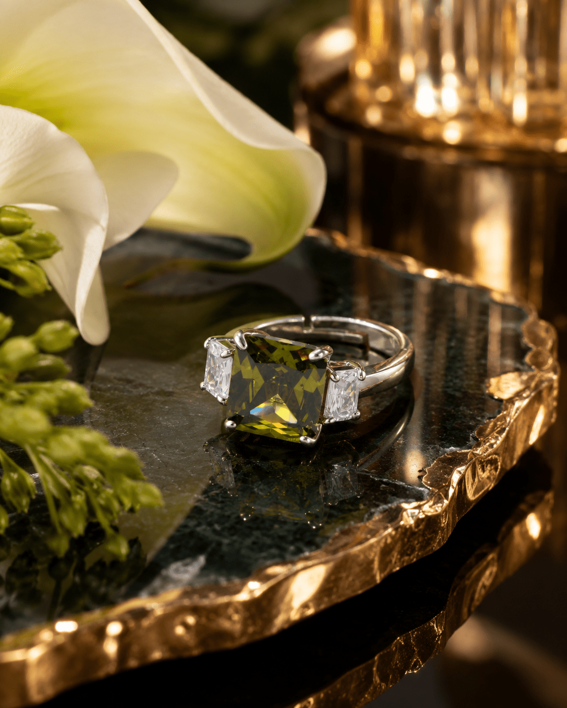 Olive Green Emerald-Cut Three-Stone Ring - Maxiblink